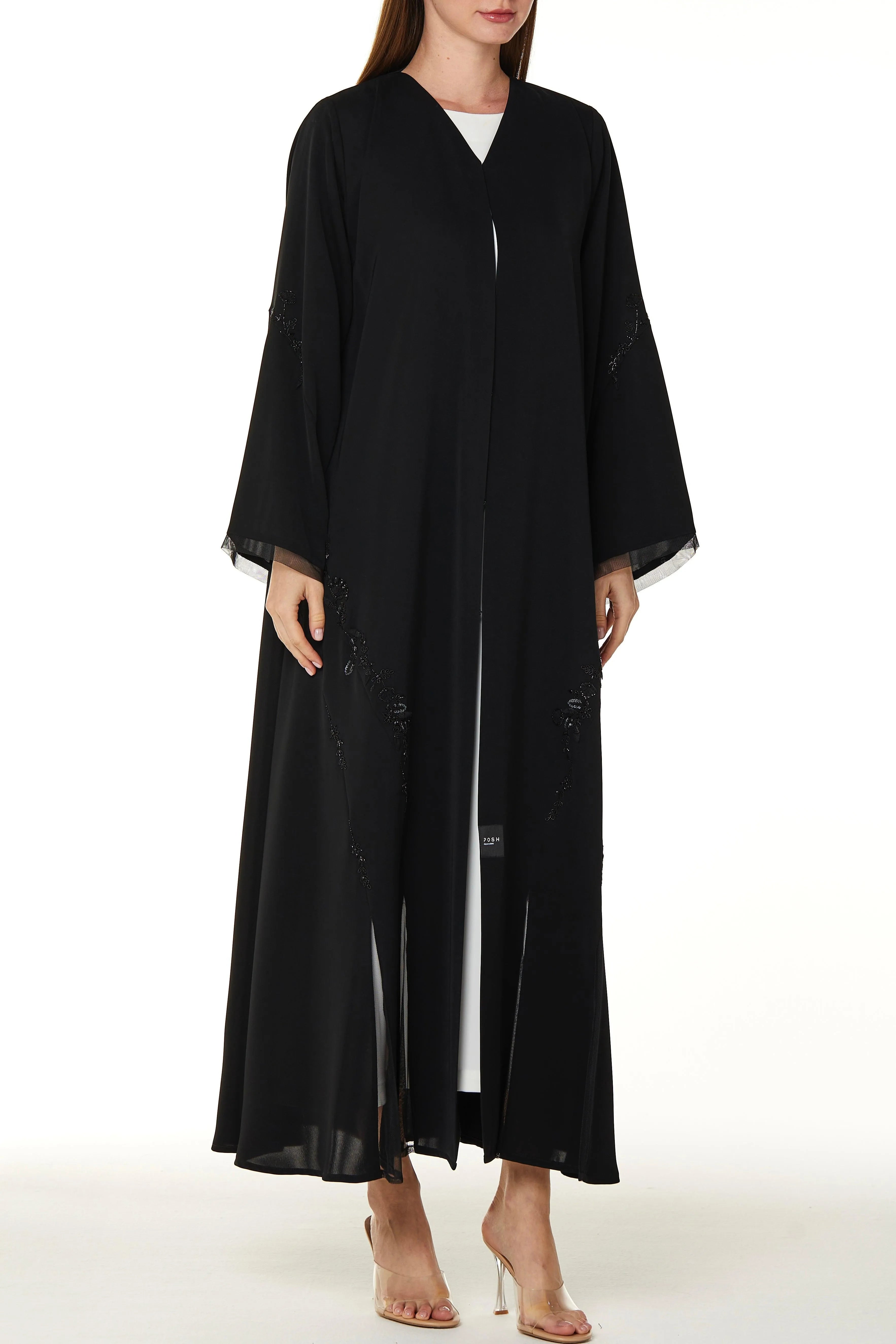 Black Royal Nada Abaya with Curvy Cuts and Floral Beadwork Detail - Posh Abaya