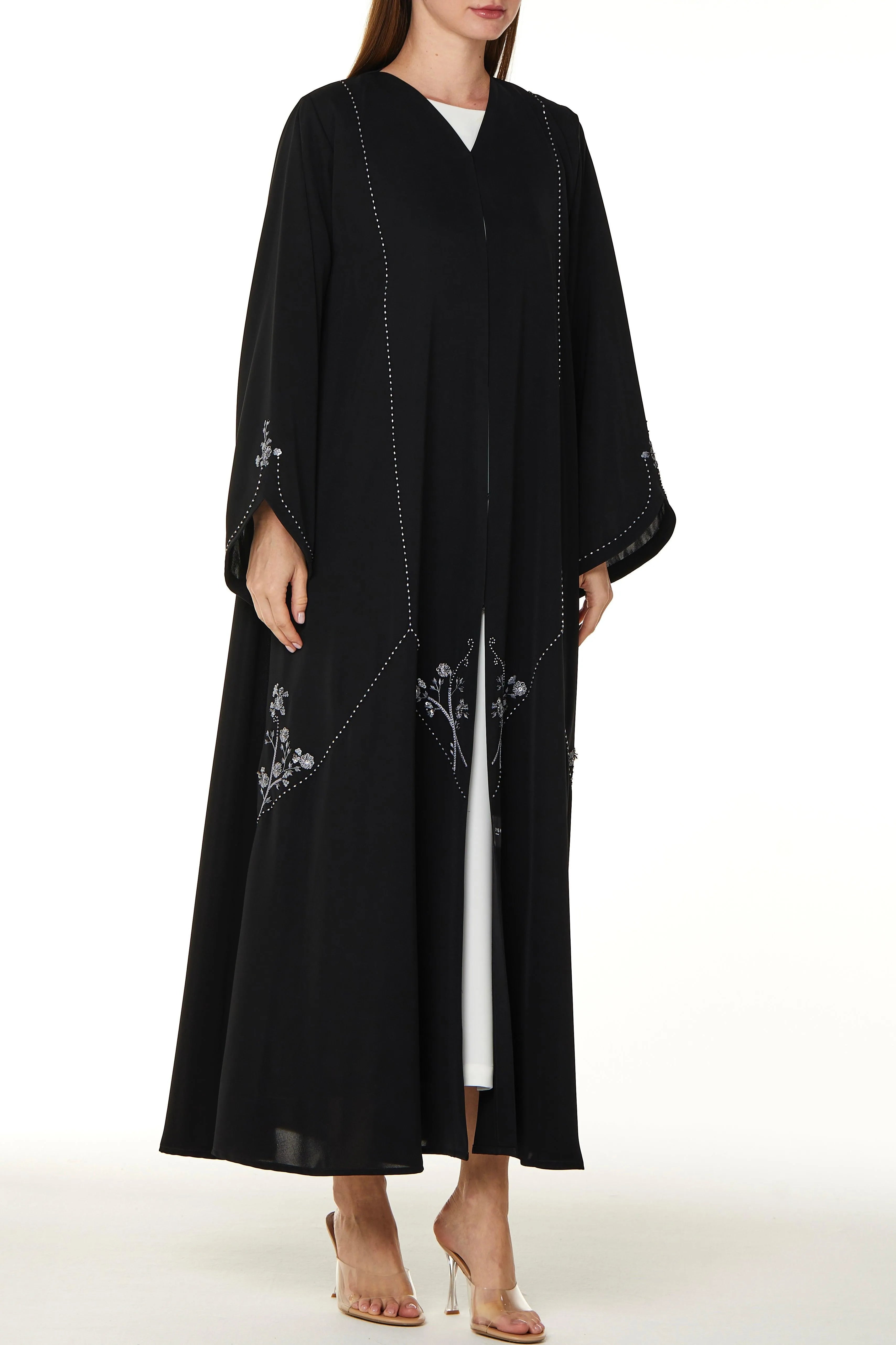 Black Royal Nada Abaya with Front Beaded Cuts and Floral Beadwork Detail - Posh Abaya