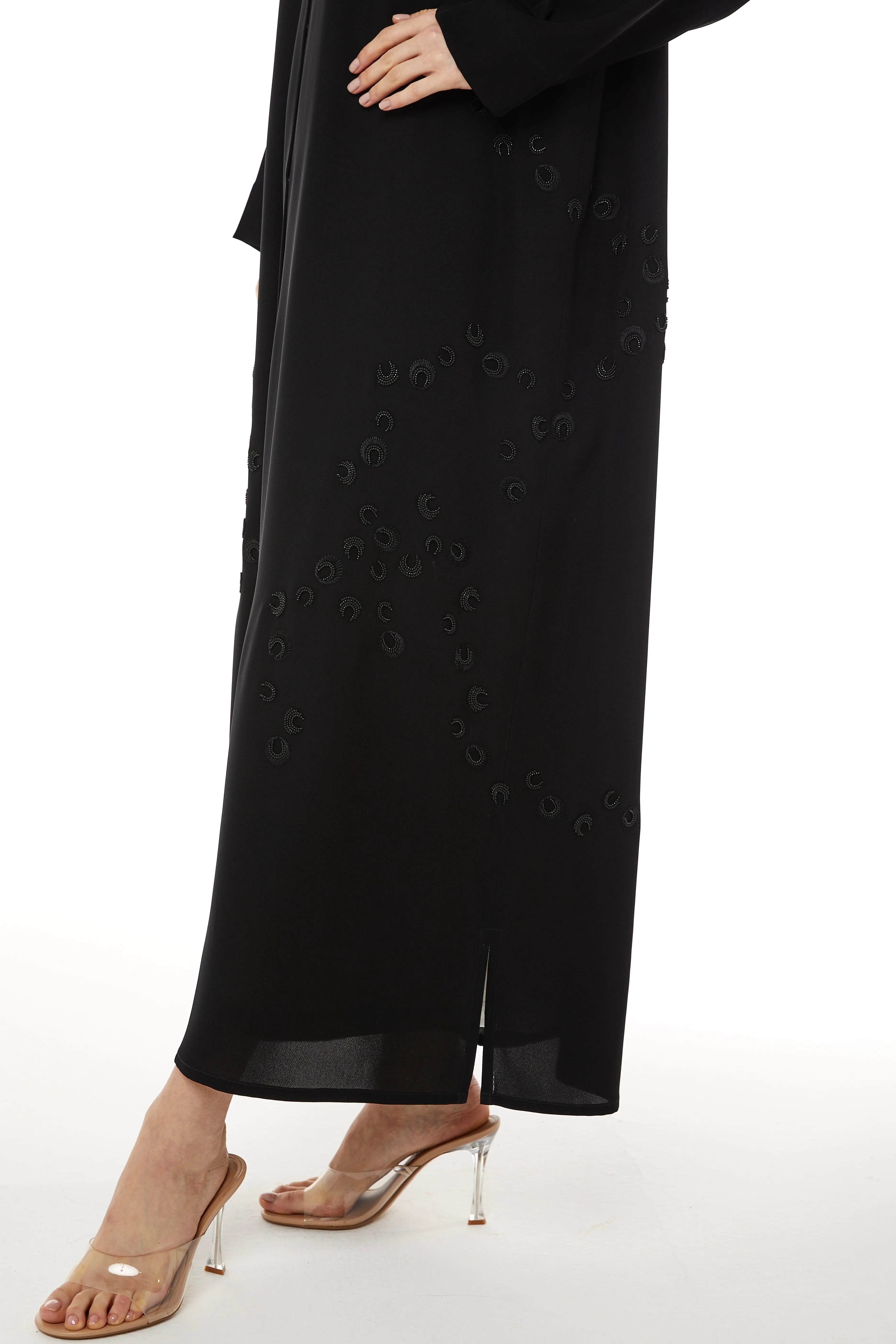 Black Farasha Crepe Abaya with Front Scattered Beadwork - Posh Abaya