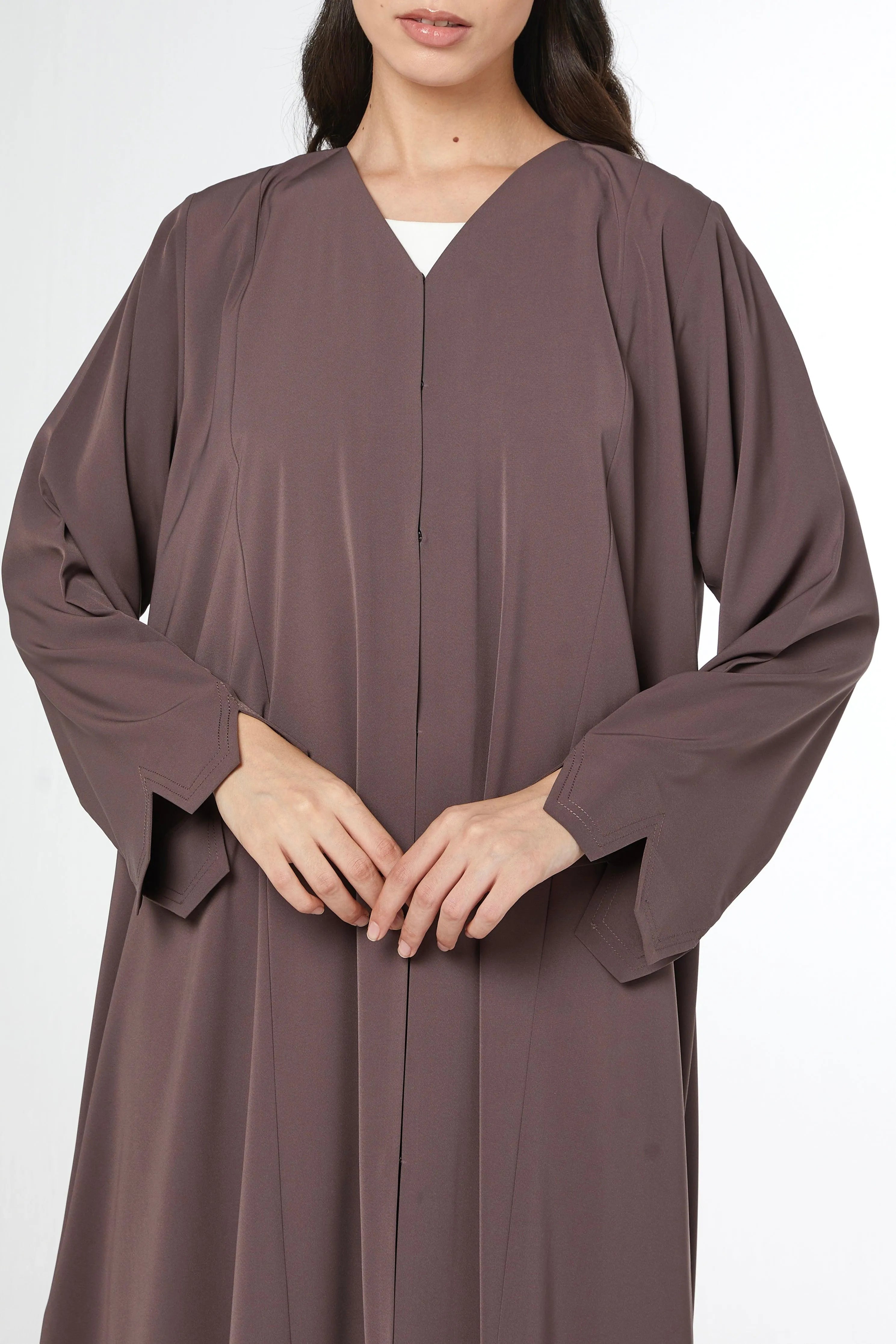 Brown Tiana Crepe Abaya with Front and Sleeve Cuts - Posh Abaya