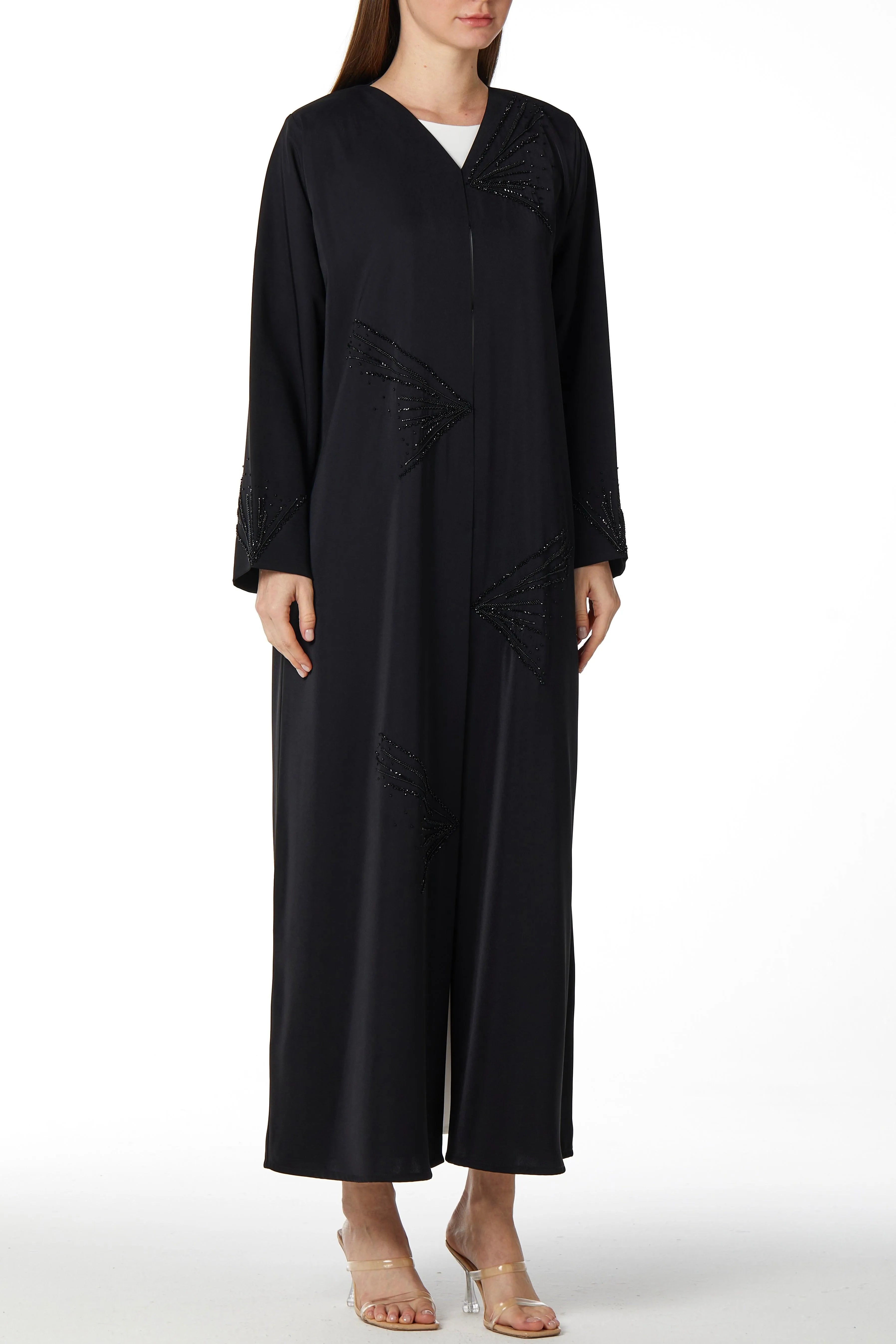Black Crepe Ready Triangle Abaya with Front Scattered Beadwork - Posh Abaya