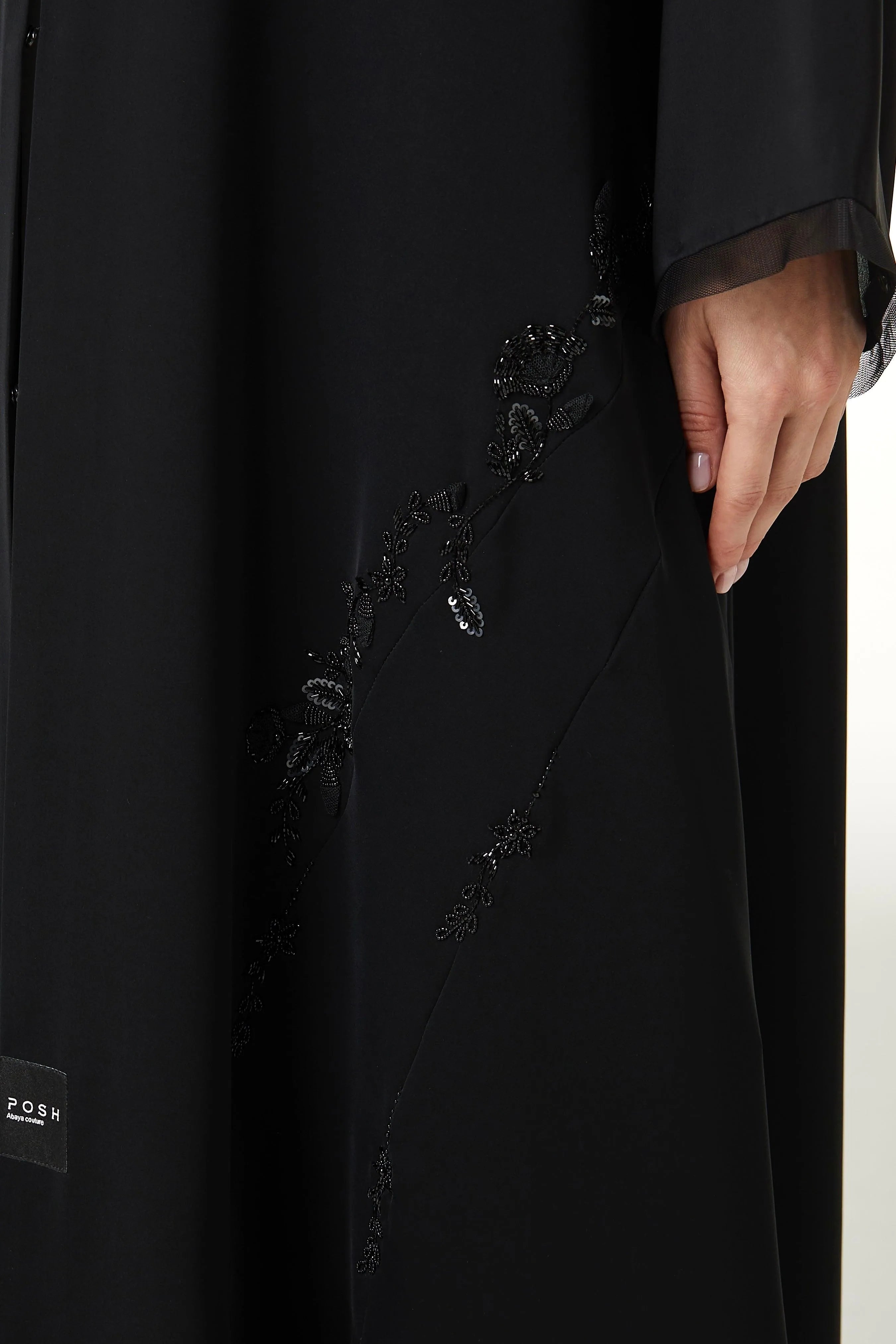 Black Royal Nada Abaya with Curvy Cuts and Floral Beadwork Detail - Posh Abaya