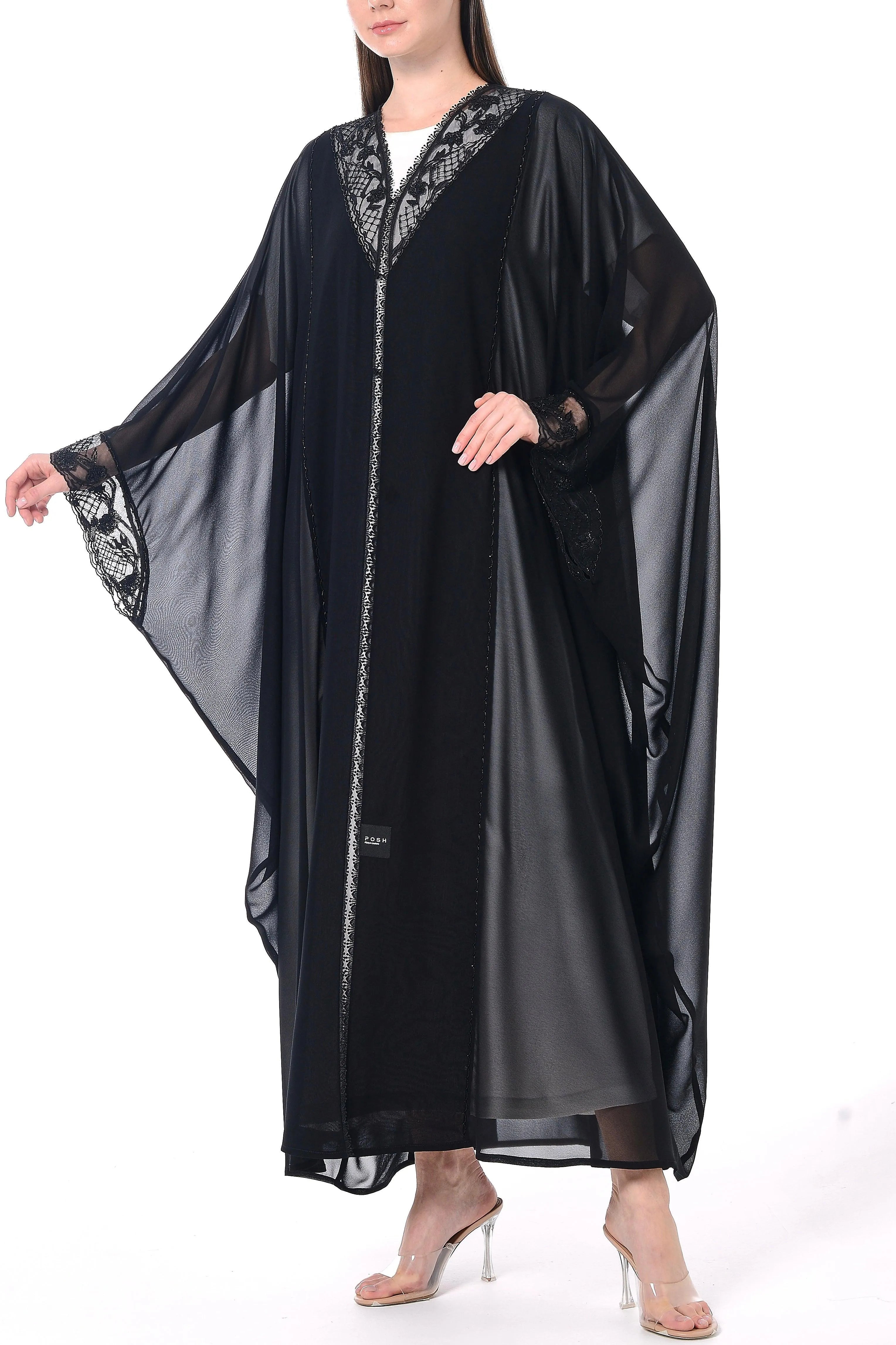 Black Malika Chiffon Bahraini Abaya with Lacework Details - Posh Abaya