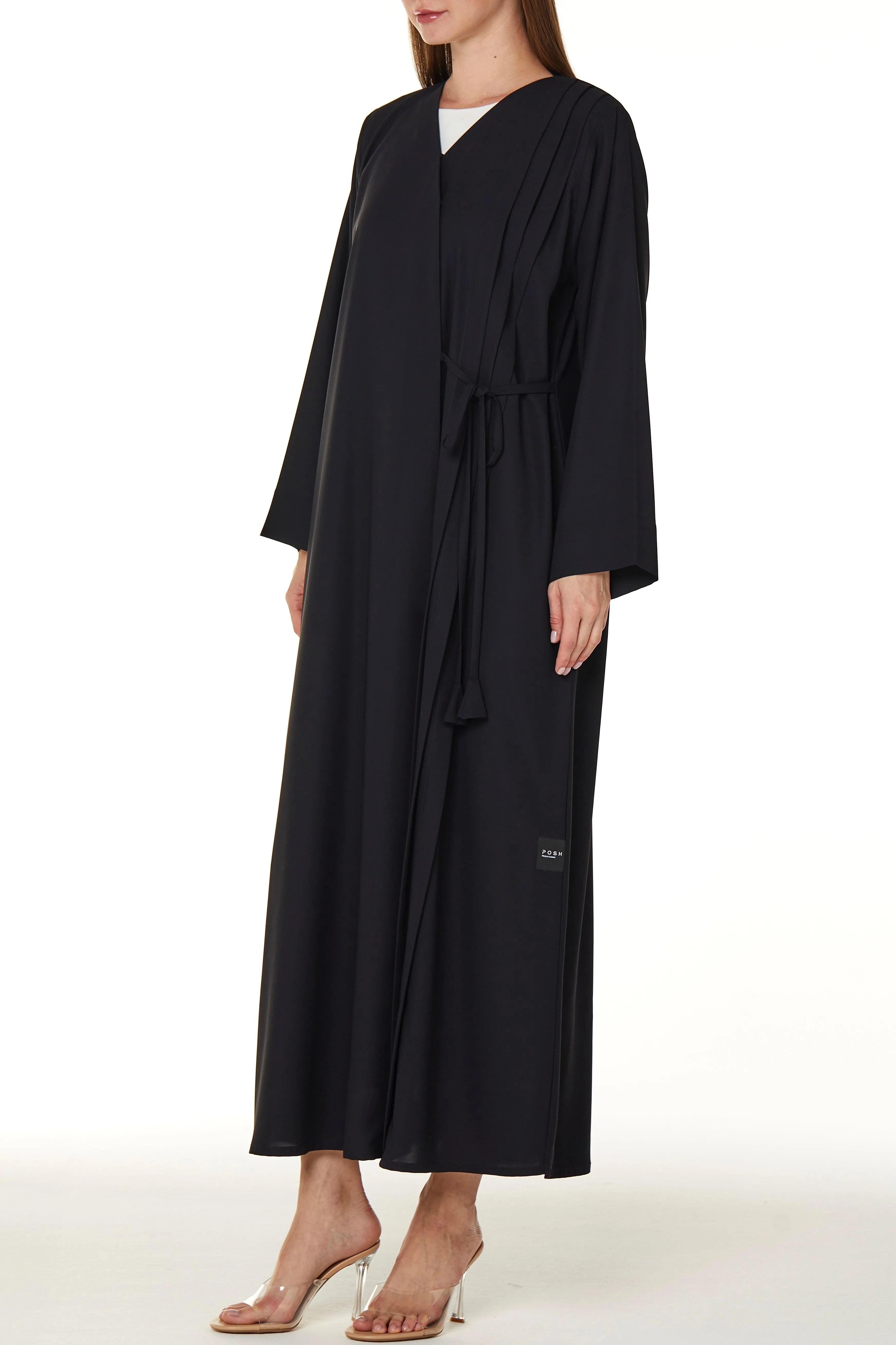 Black Cool Crepe Overlap Abaya with Front Tie-up with Pleats - Posh Abaya