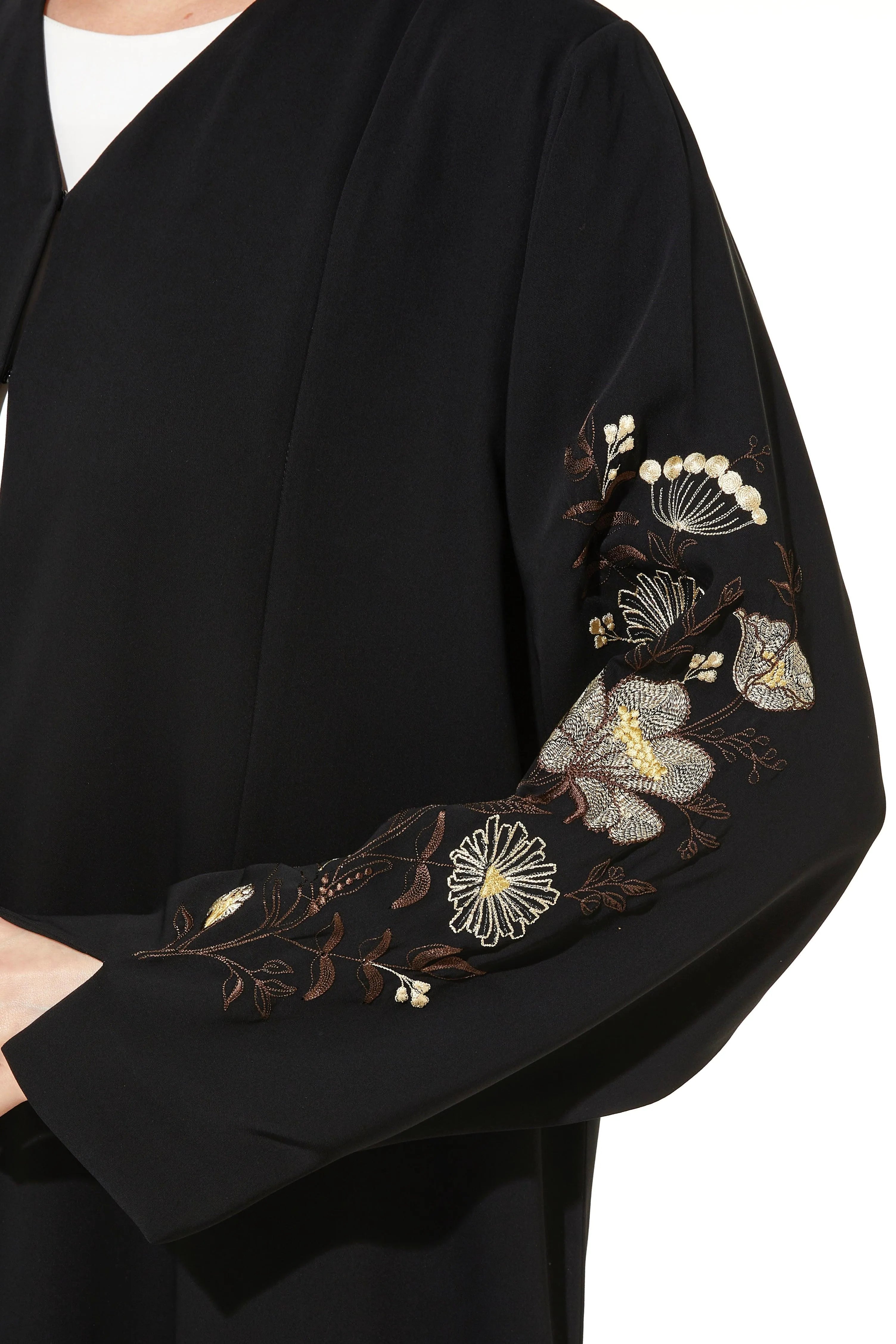Black Layan Crepe Abaya with Sleeves Blossom Embroidery - Posh Abaya