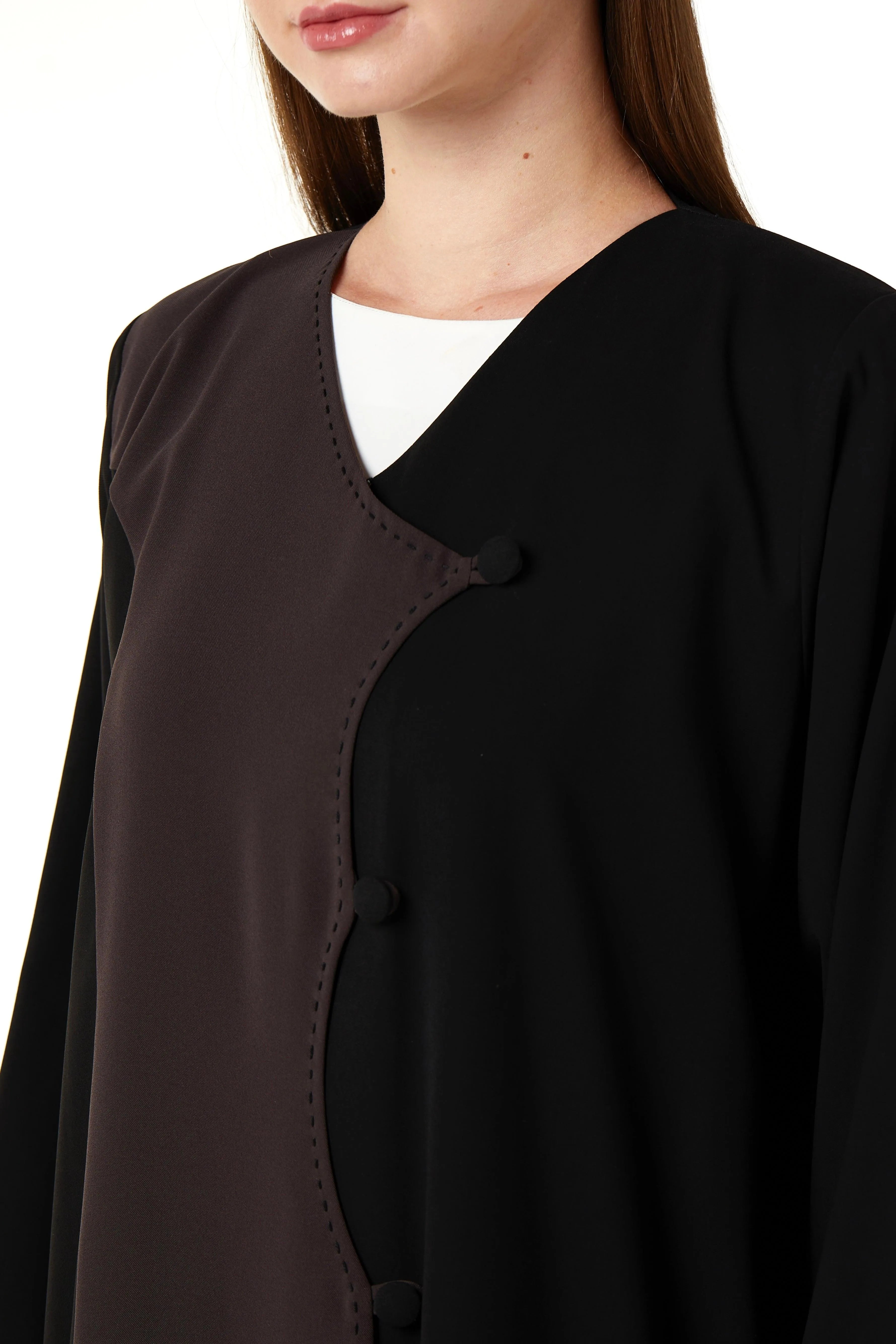Black Nova Crepe Overlap Abaya with Colored Panel and Highlight Stitch Detail - Posh Abaya