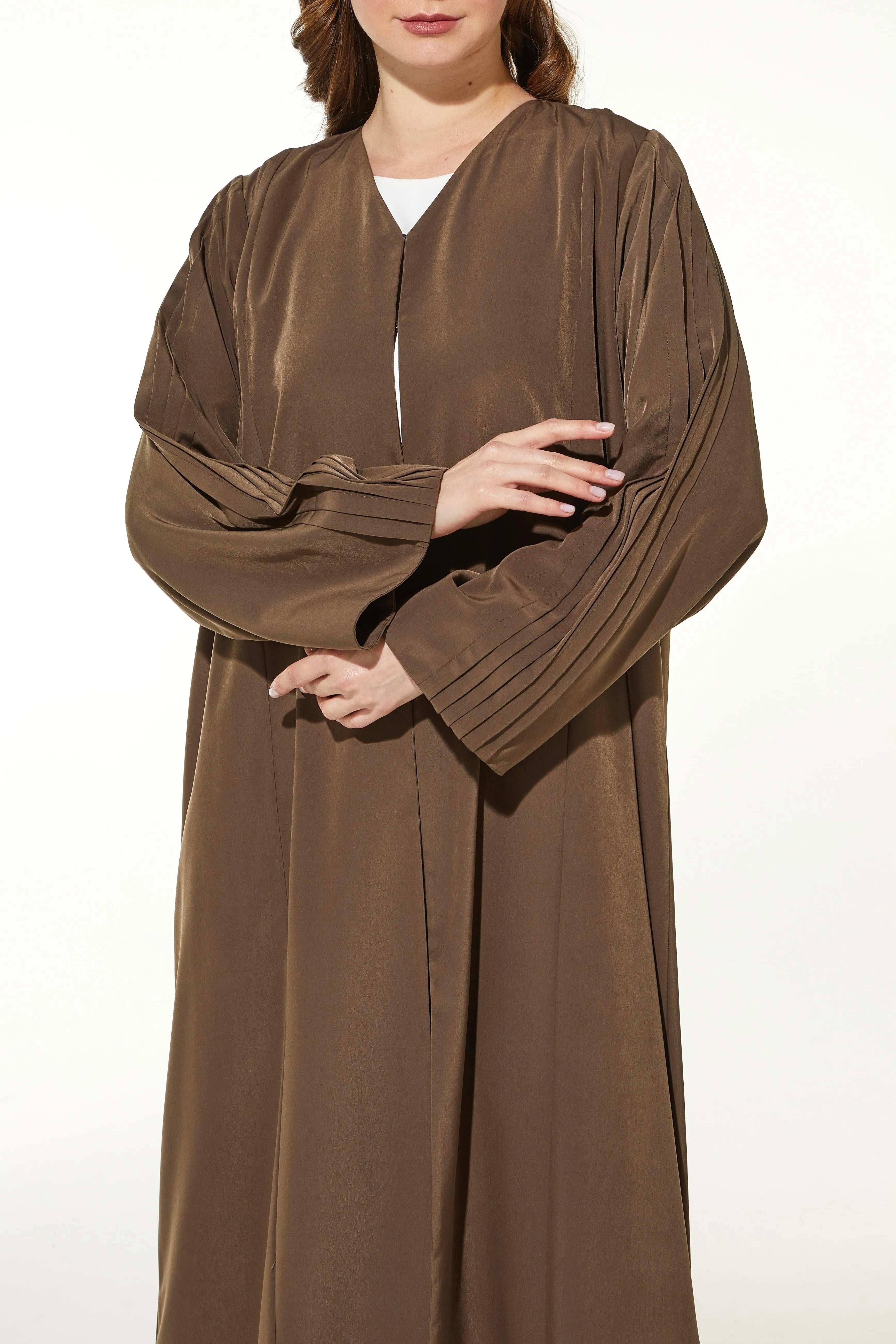 Brown Pearl Suede Abaya with Pleat Sleeve - Posh Abaya