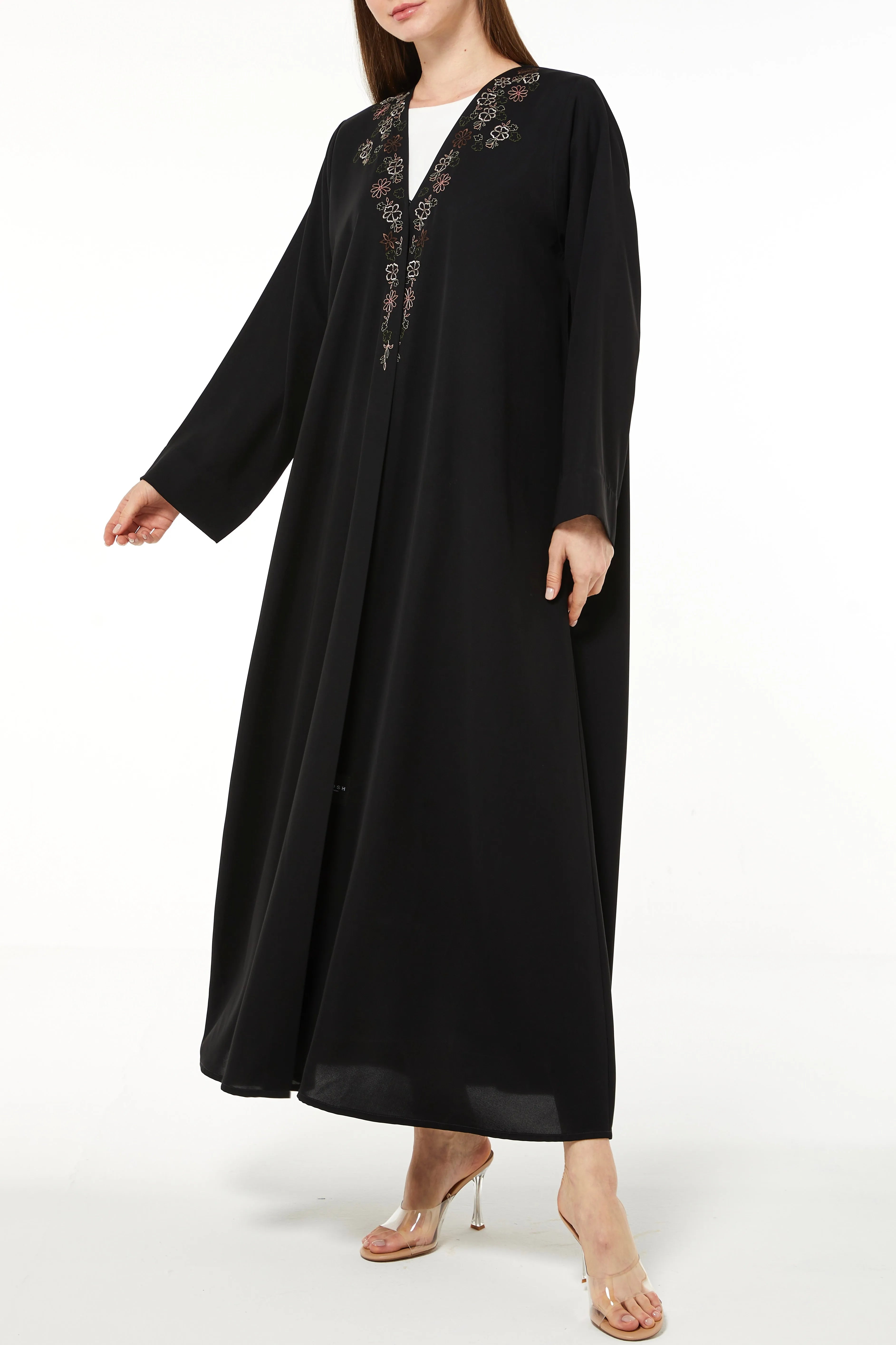 Black Aria Crepe Bisht Abaya with Front Floral Embroidery - Posh Abaya