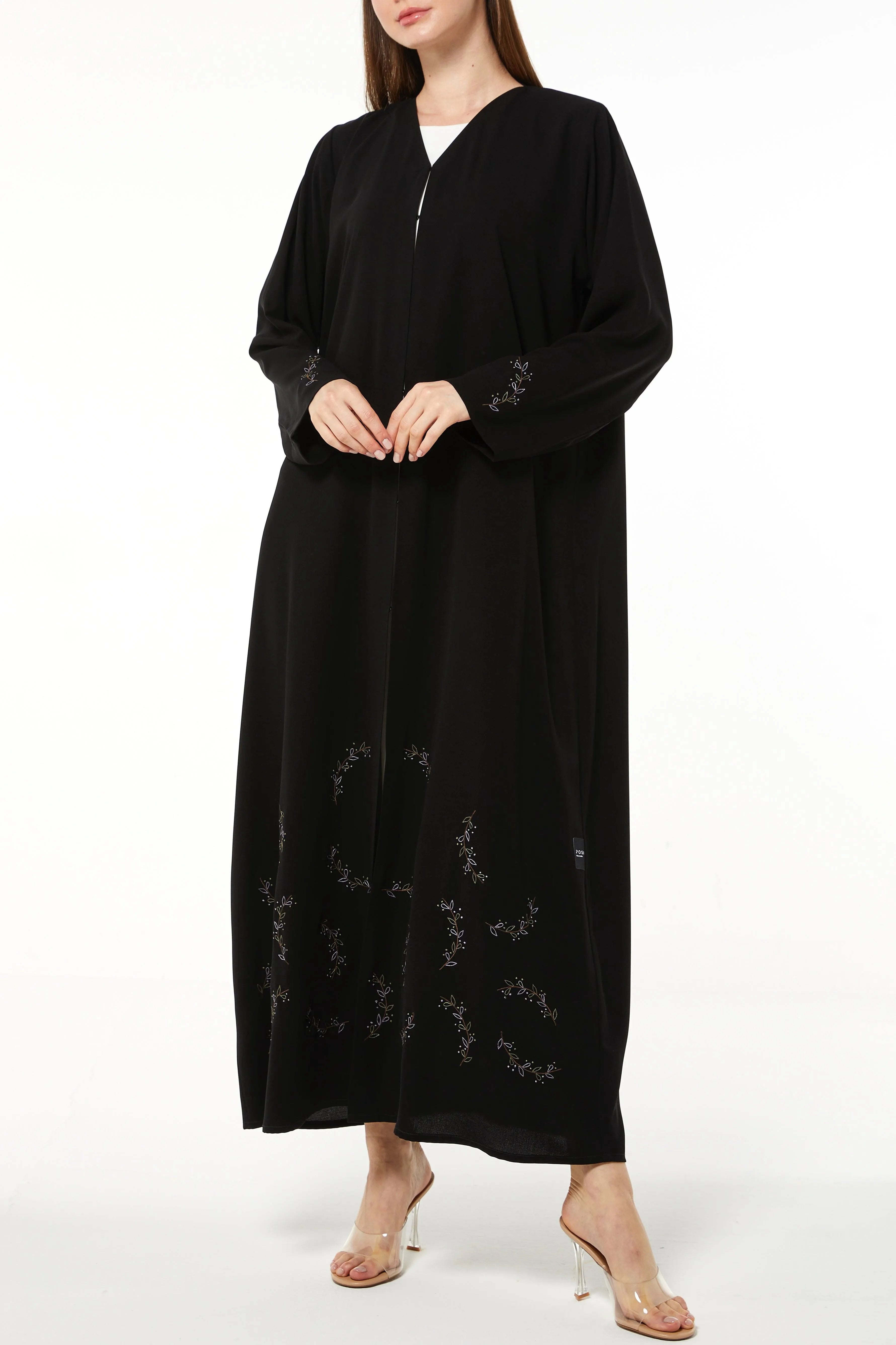 Black Eloise Crepe Abaya with Vibrant Floral Embroidery - Posh Abaya