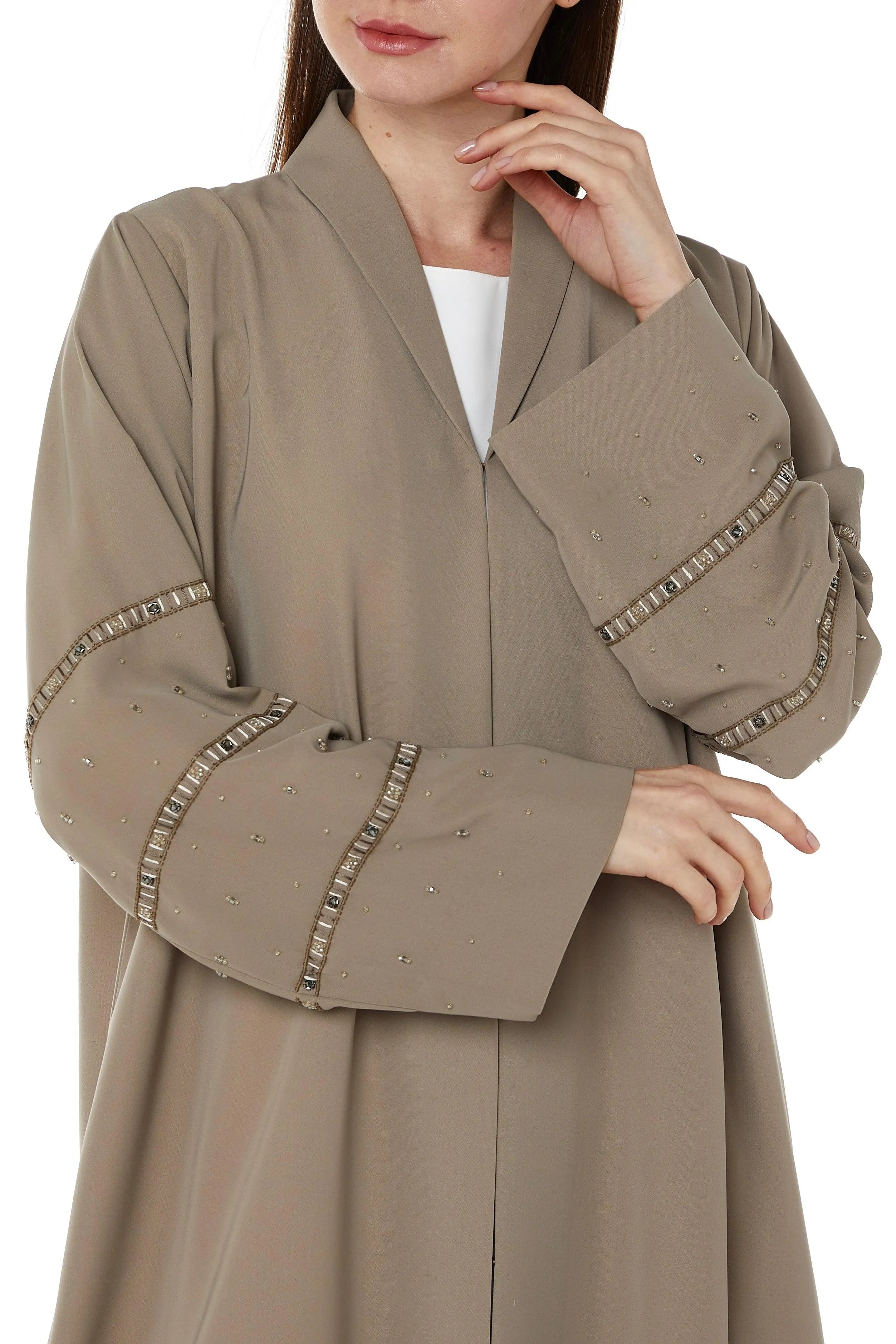 Beige Tokyo Crepe Abaya with Collar and Beadwork on Sleeves - Posh Abaya