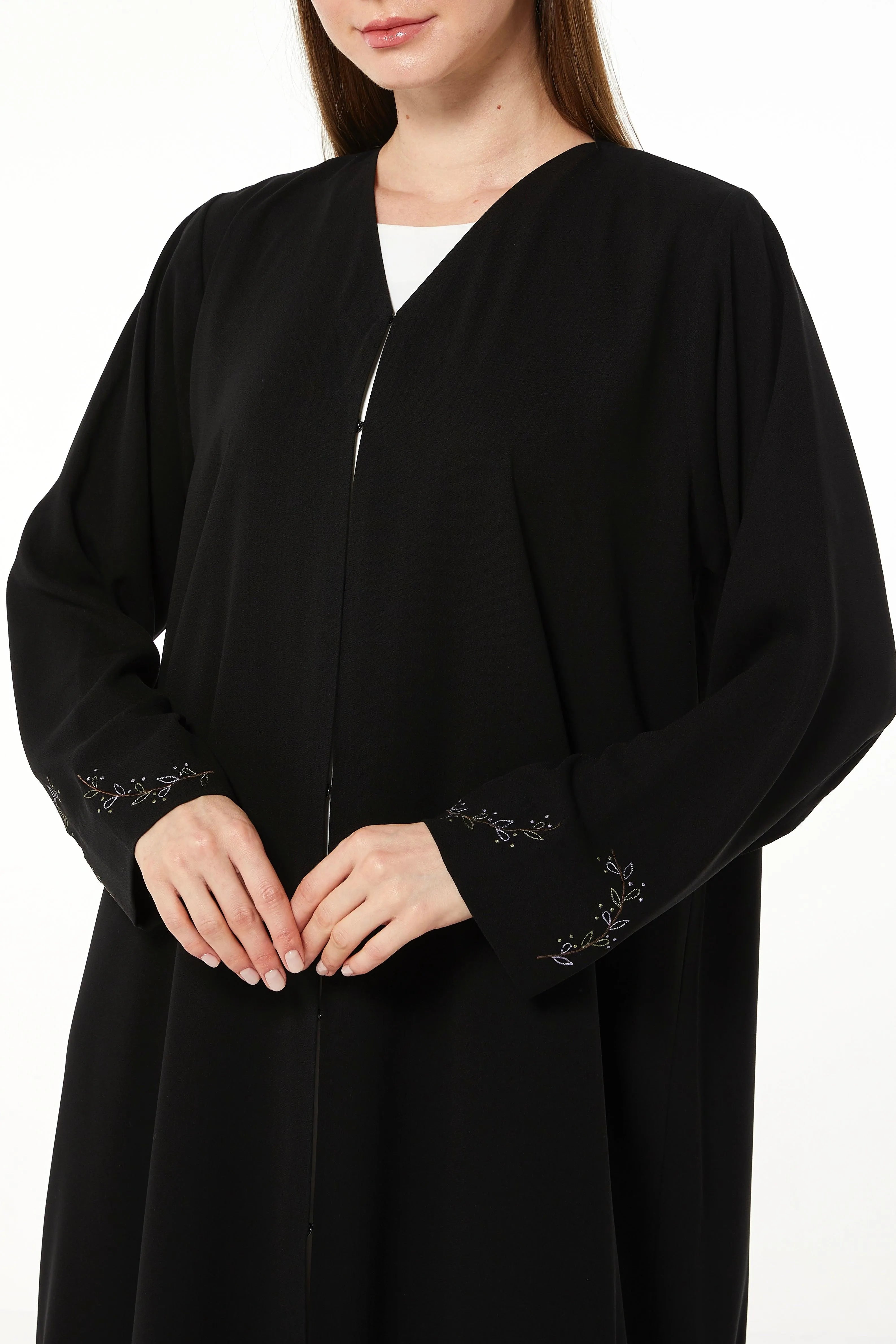 Black Eloise Crepe Abaya with Vibrant Floral Embroidery - Posh Abaya