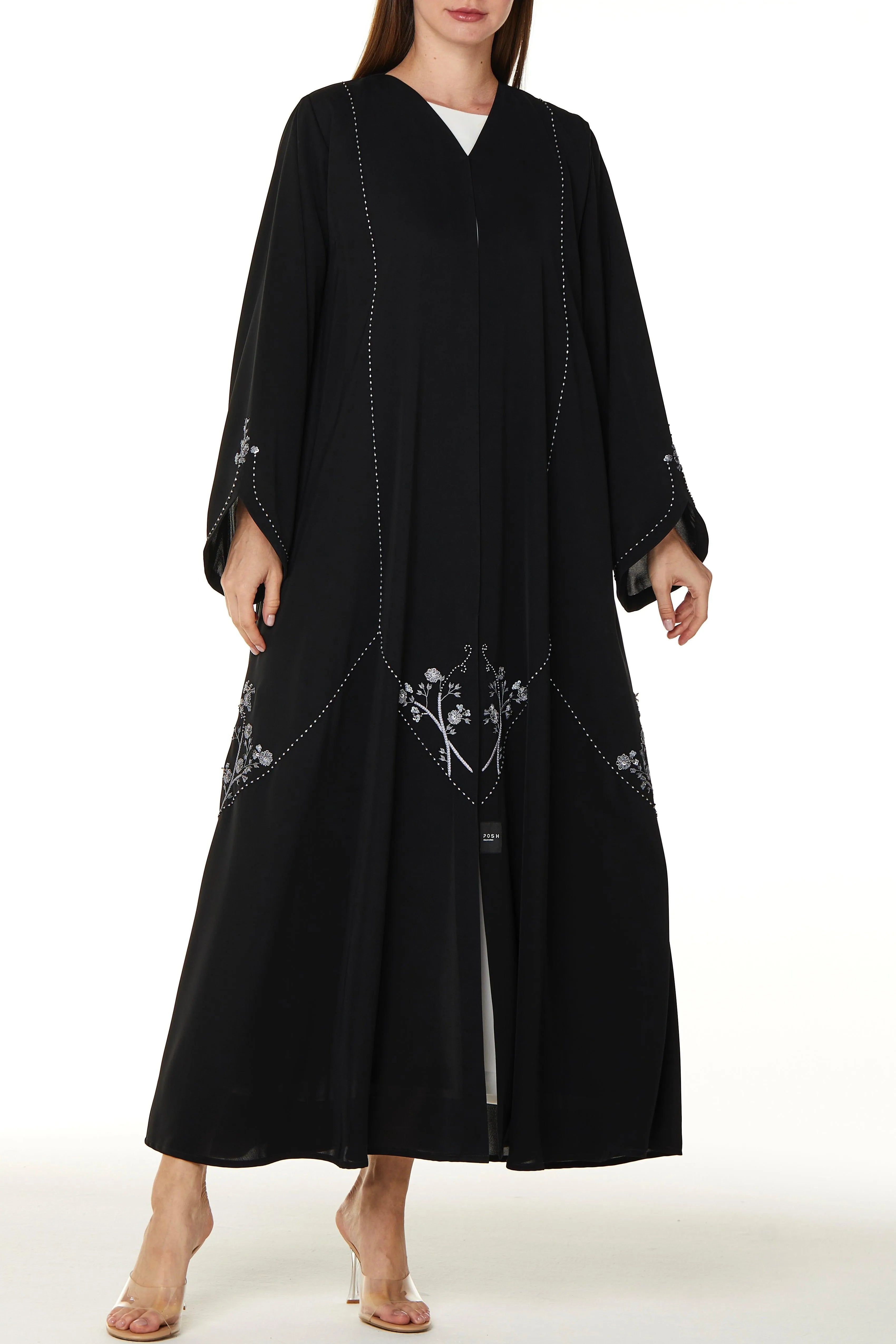 Black Royal Nada Abaya with Front Beaded Cuts and Floral Beadwork Detail - Posh Abaya