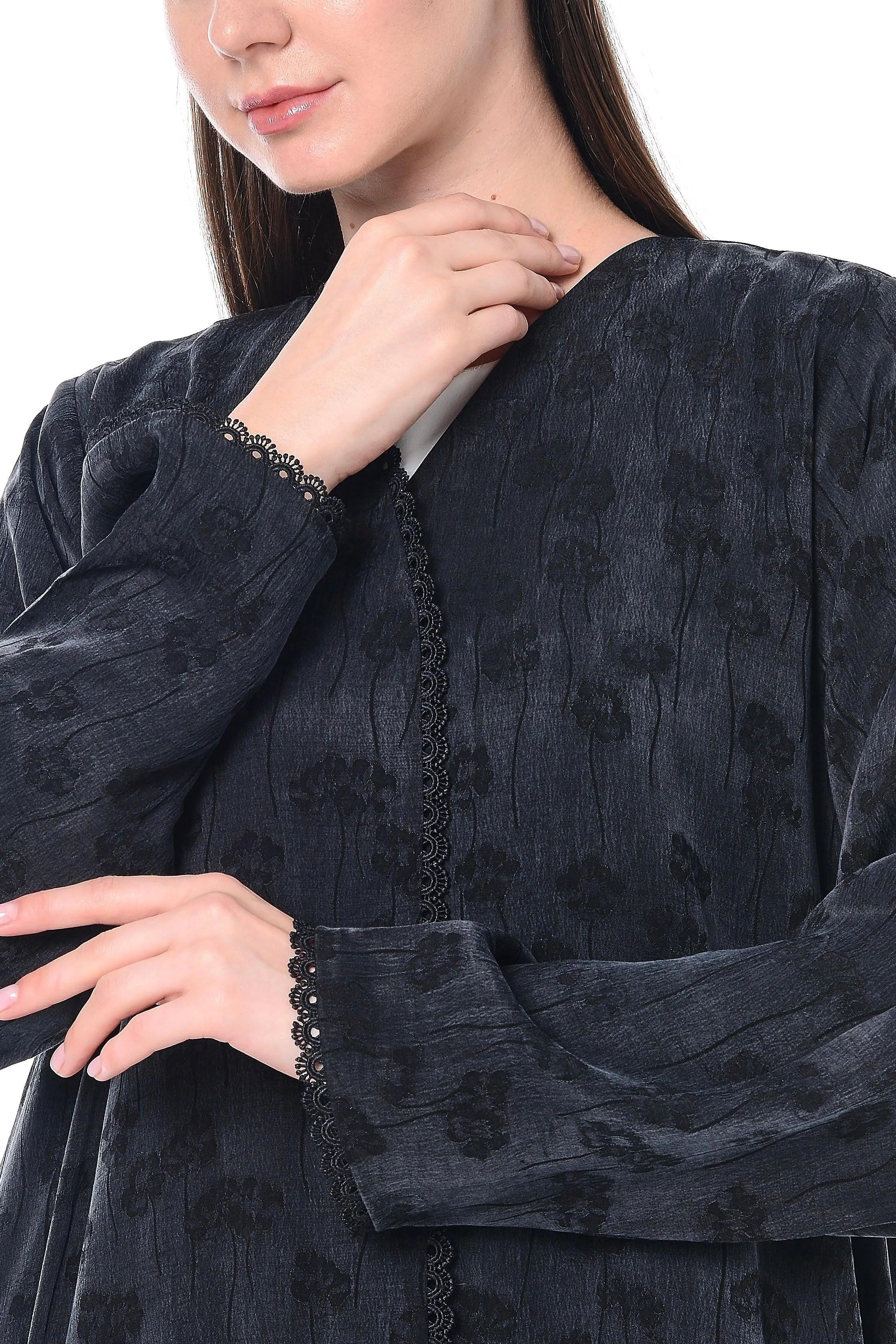 Black Furla Cupro Abaya with Front Overlap and Lace Detail - Posh Abaya