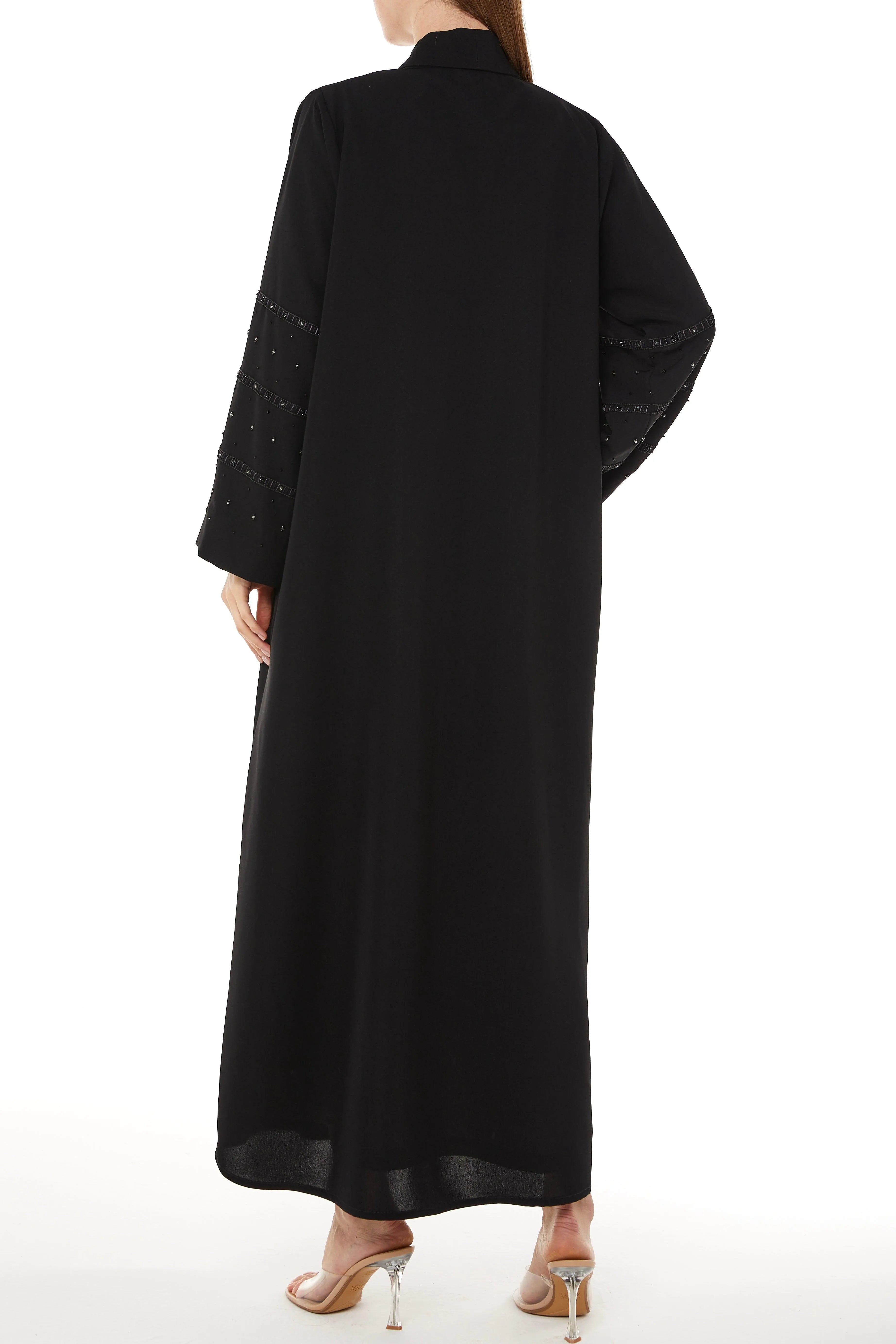 Black Tokyo Crepe Abaya with Collar and Beadwork on Sleeves - Posh Abaya