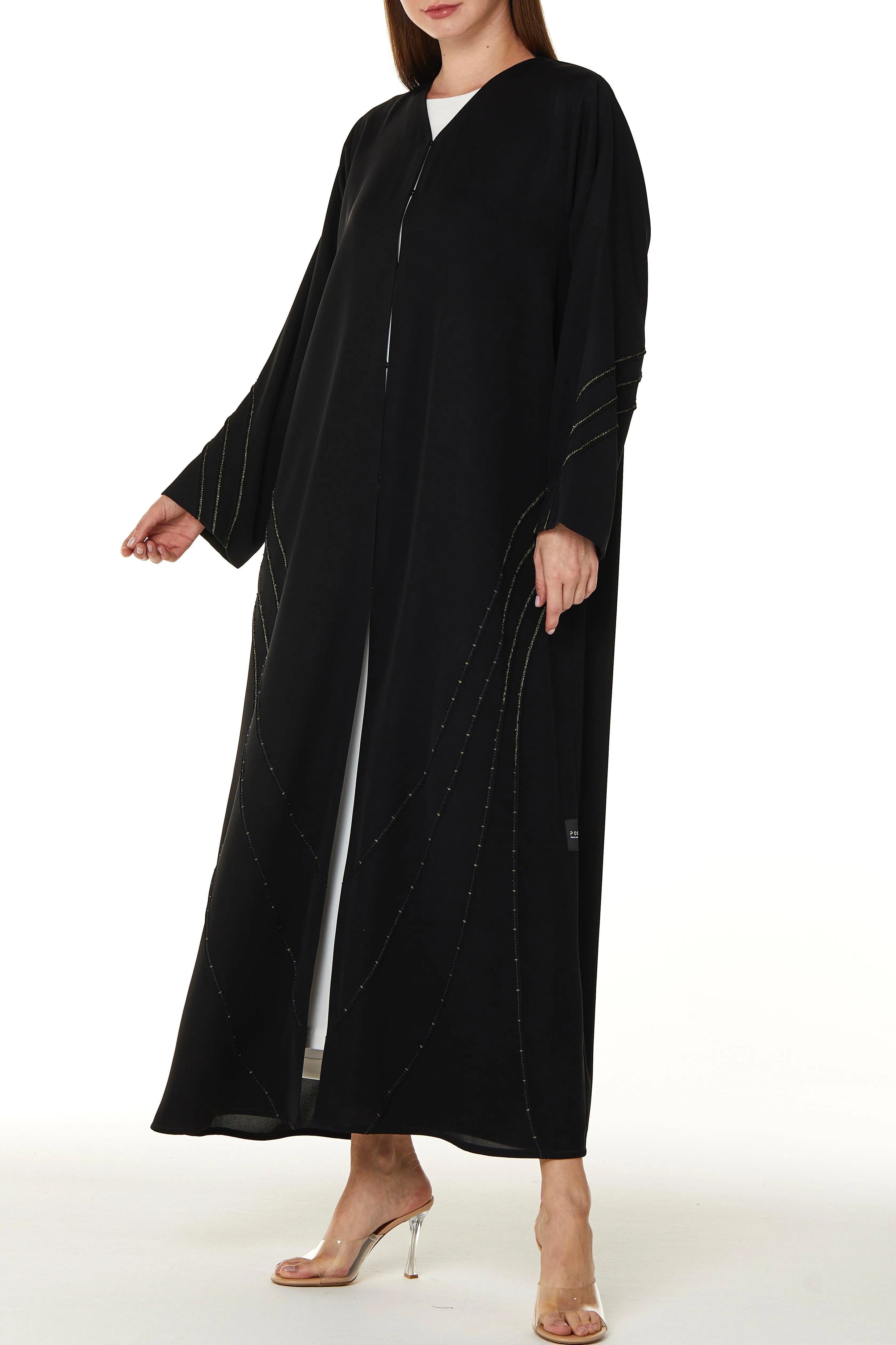 Black Farasha Crepe Abaya with Abstract Line Threadwork - Posh Abaya
