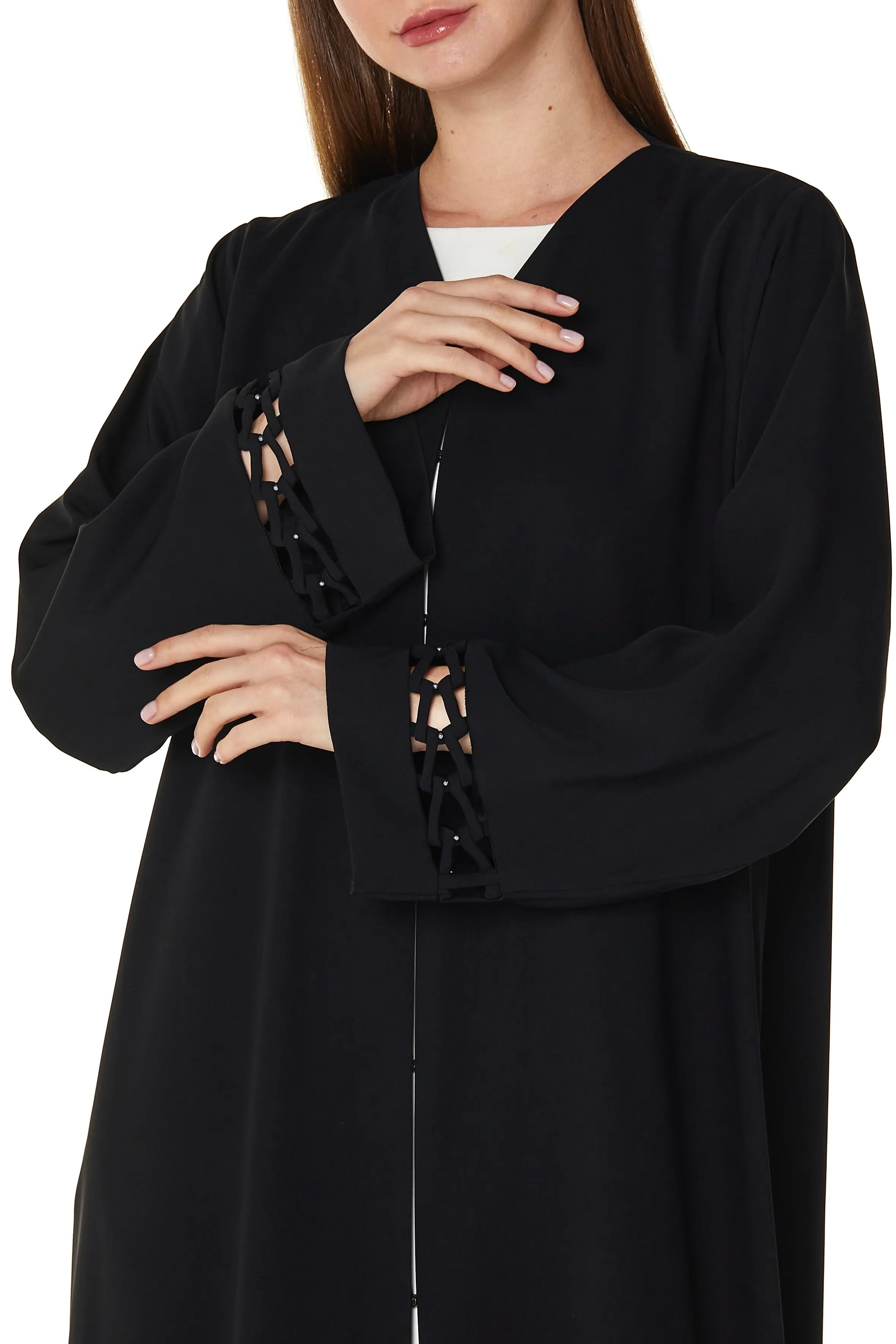 Black Layan Crepe Abaya with Side and Sleeves Loop Detail - Posh Abaya