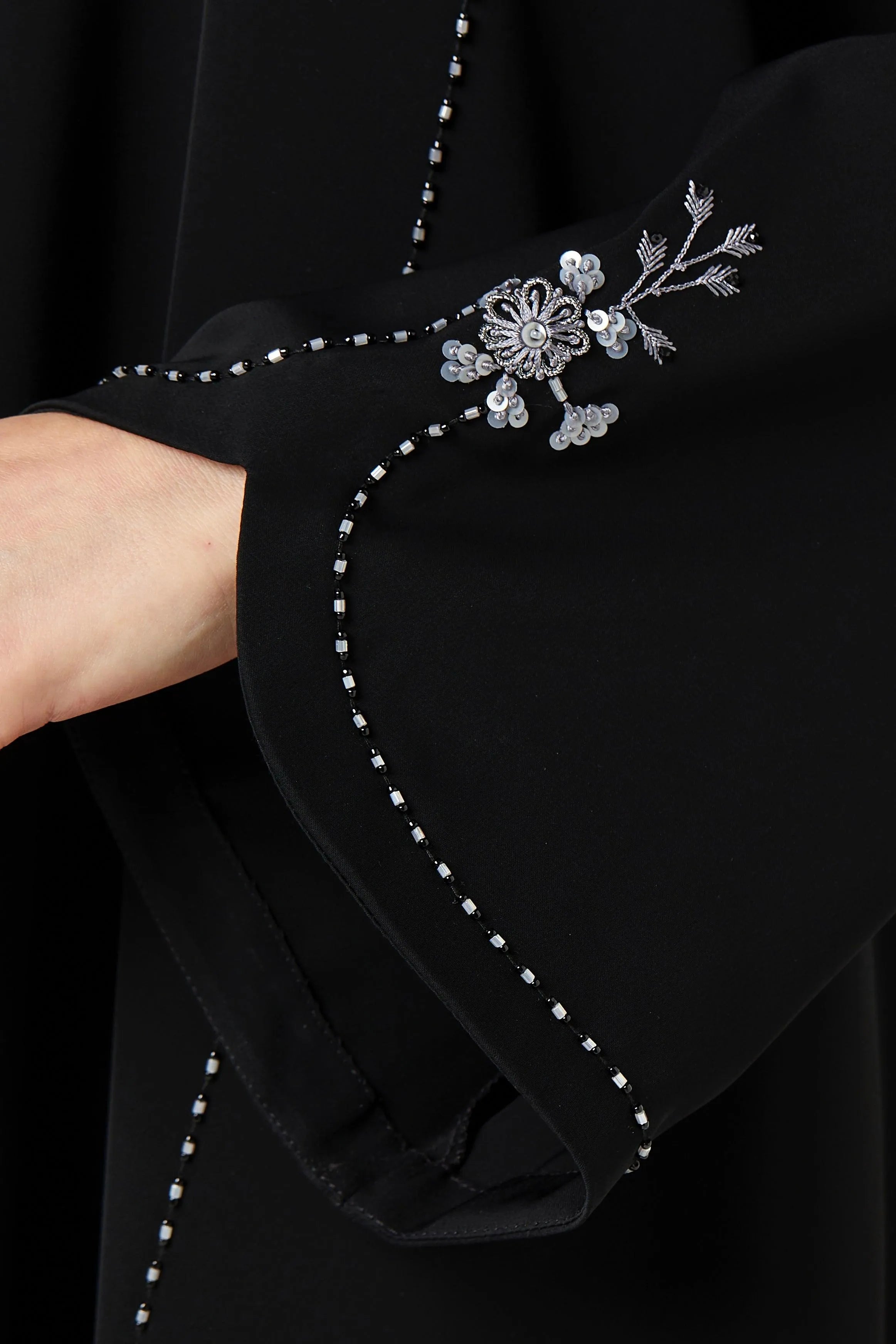Black Royal Nada Abaya with Front Beaded Cuts and Floral Beadwork Detail - Posh Abaya