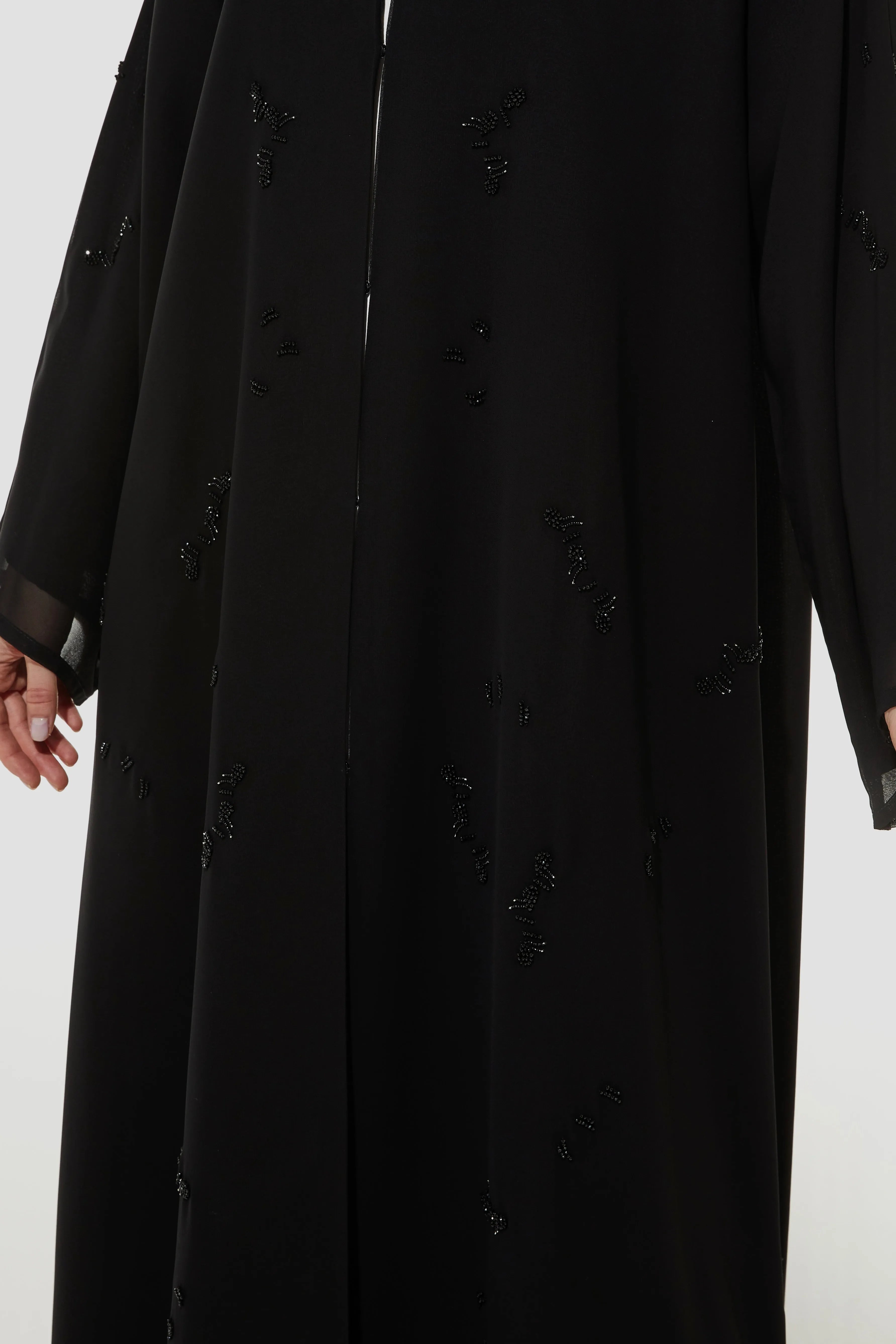 Beaded Shadow Detail Flared Chiffon Black Abaya - Posh Abaya