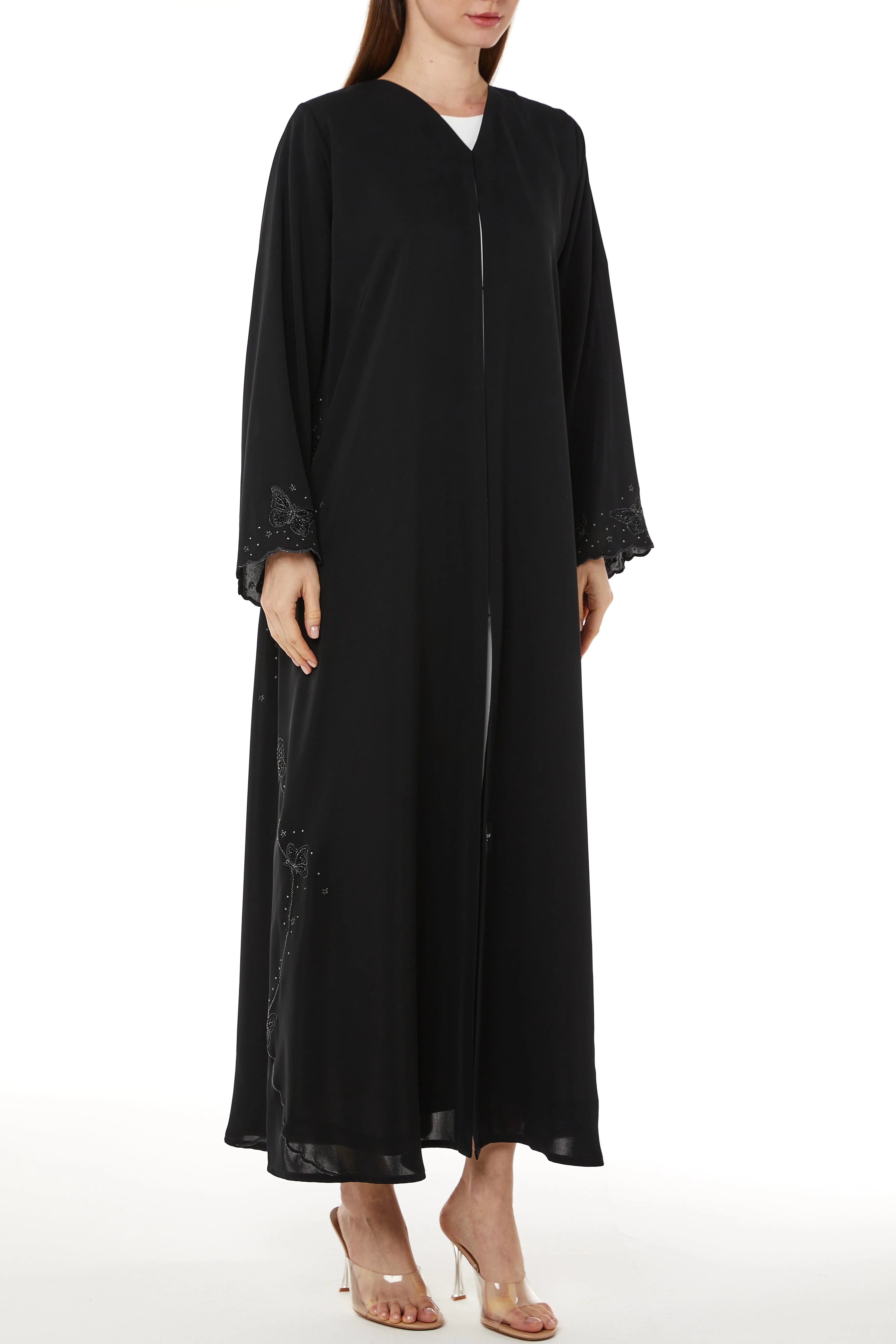 Black Salmi Nada Abaya with Flared Sleeves and Butterfly Embroidery - Posh Abaya