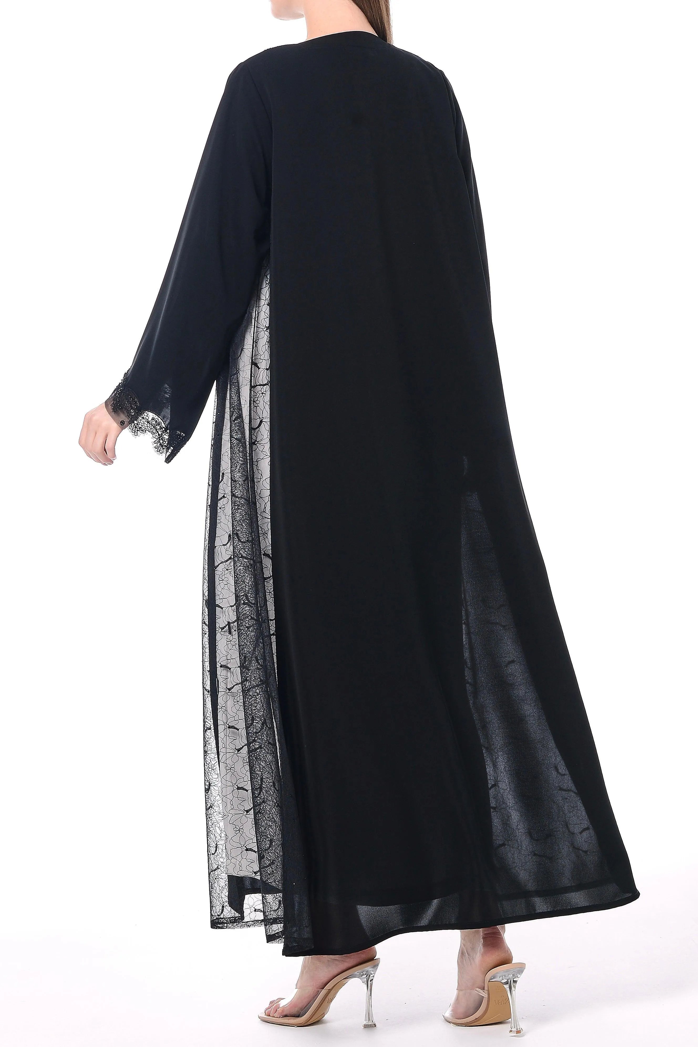 Black Royal Nada Abaya with Side French Tulle and Front Beadwork Detail - Posh Abaya