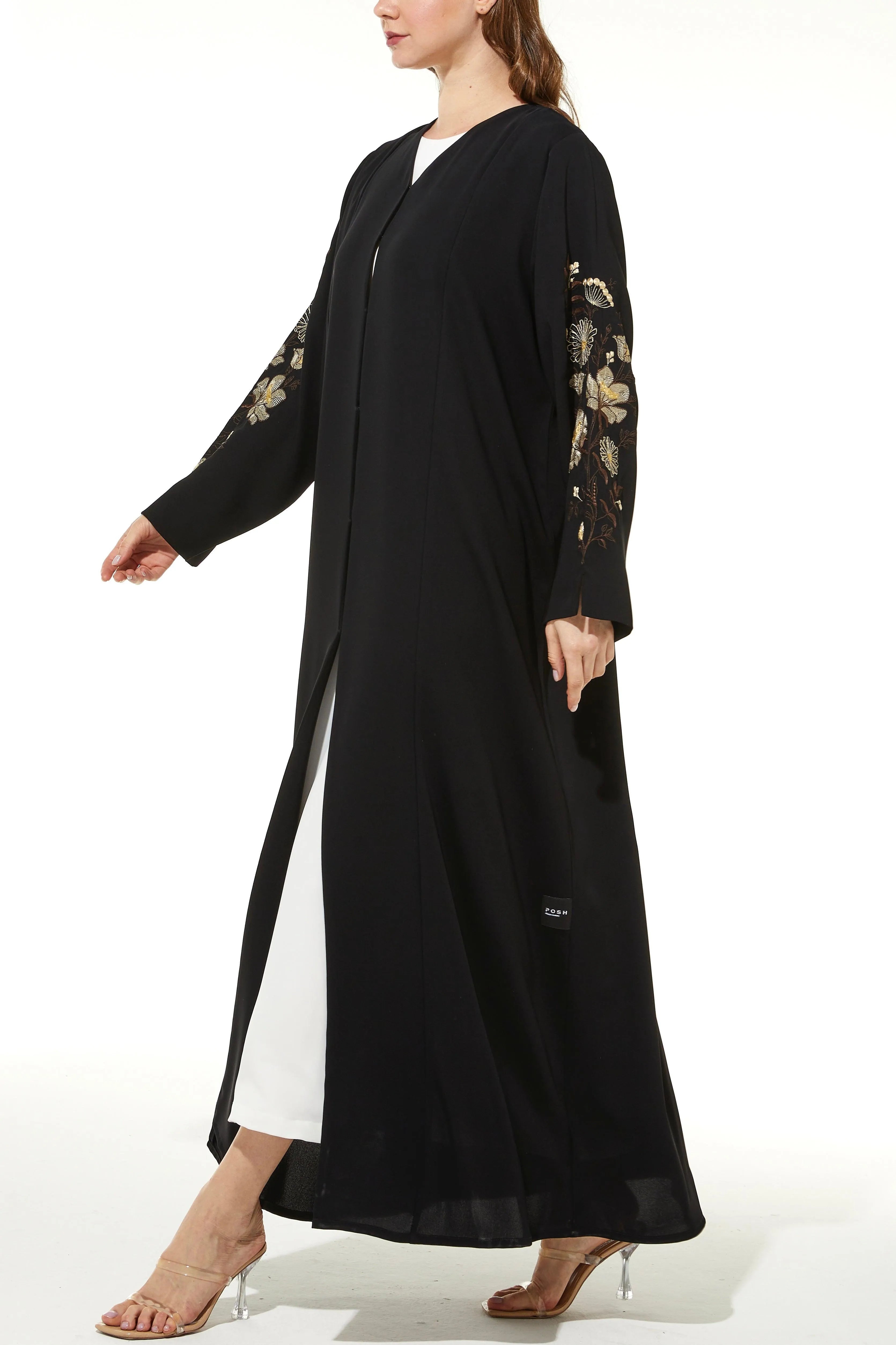 Black Layan Crepe Abaya with Sleeves Blossom Embroidery - Posh Abaya