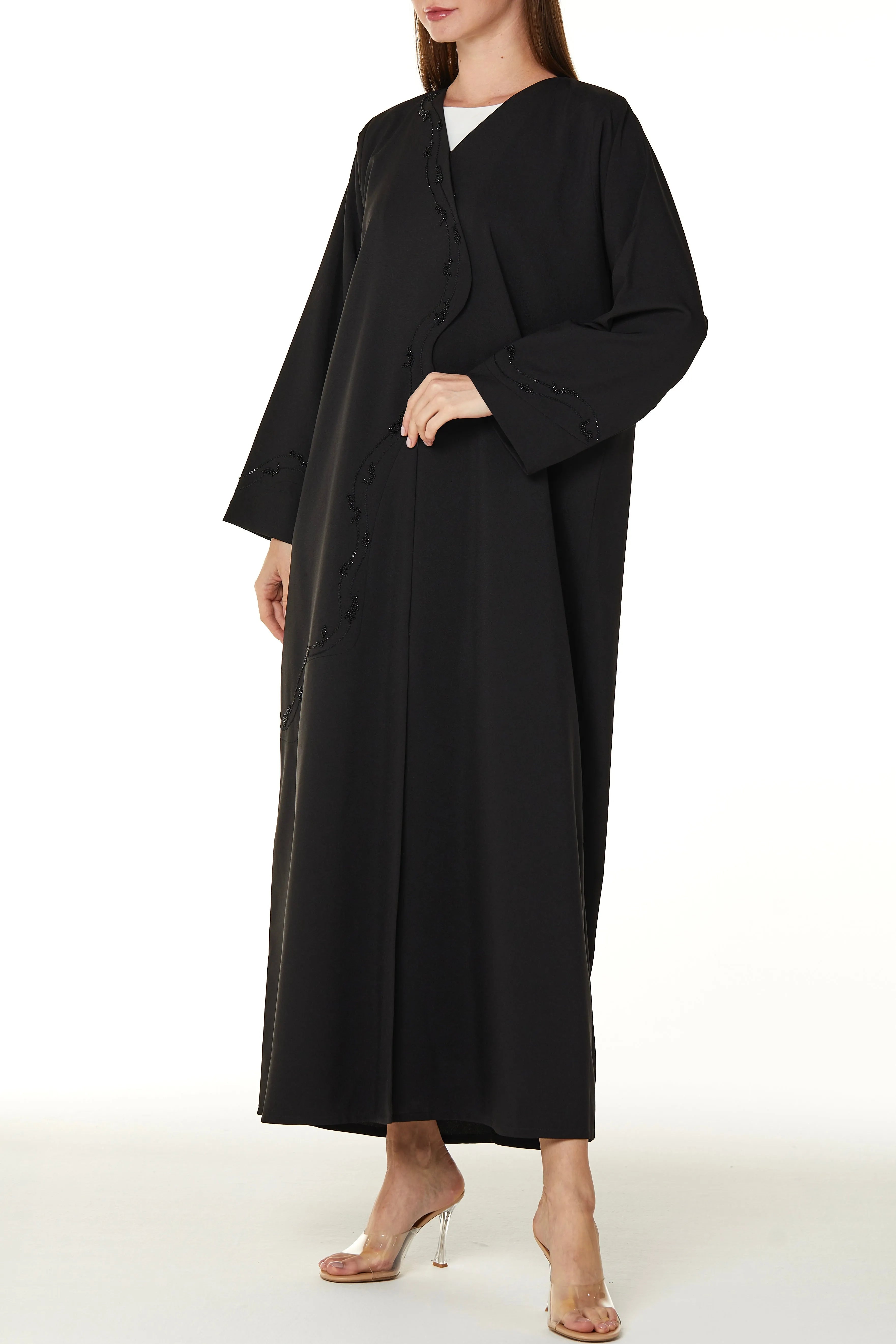 Black Kadi Crepe Abaya with Overlap Beadwork Panel - Posh Abaya