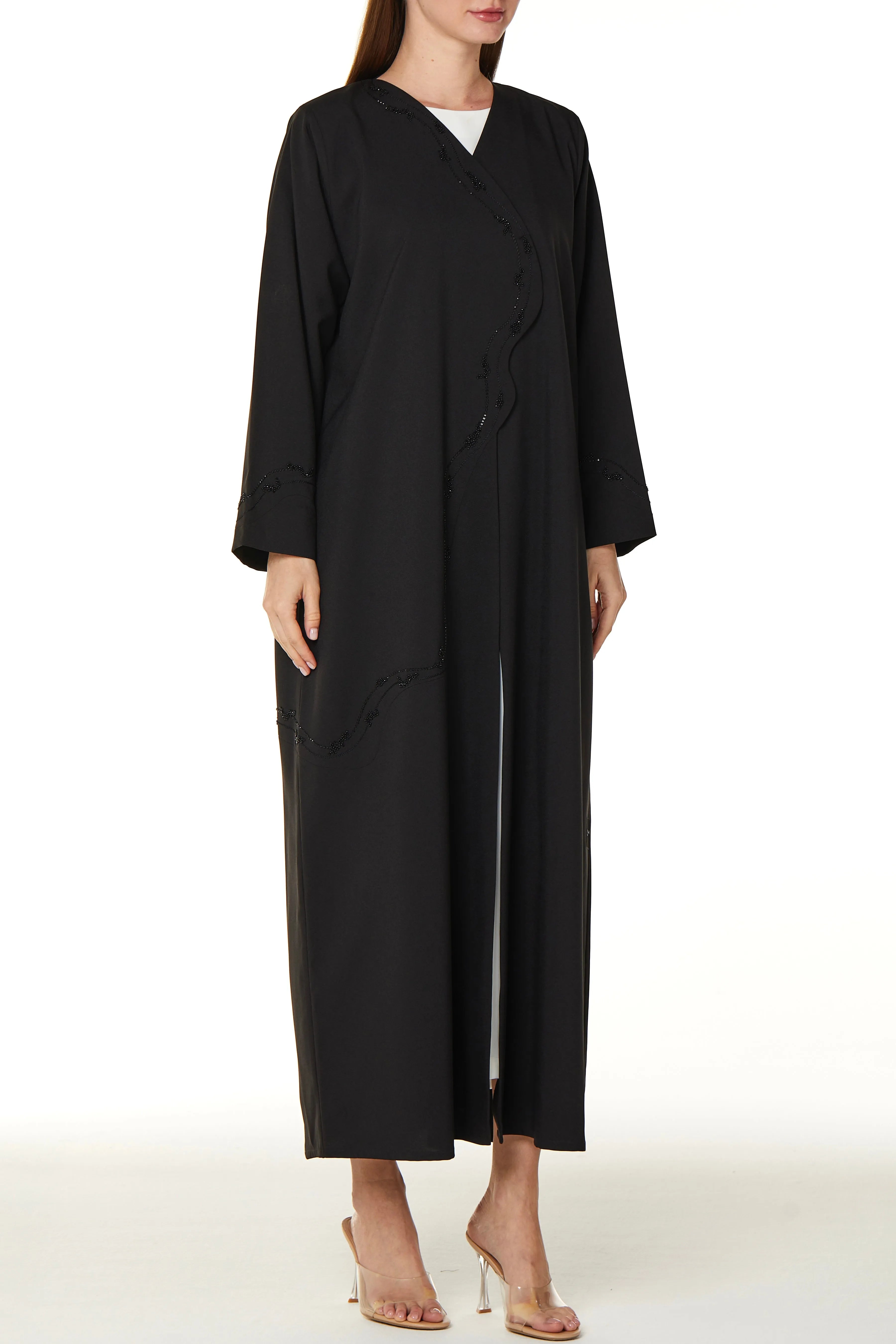 Black Kadi Crepe Abaya with Overlap Beadwork Panel - Posh Abaya