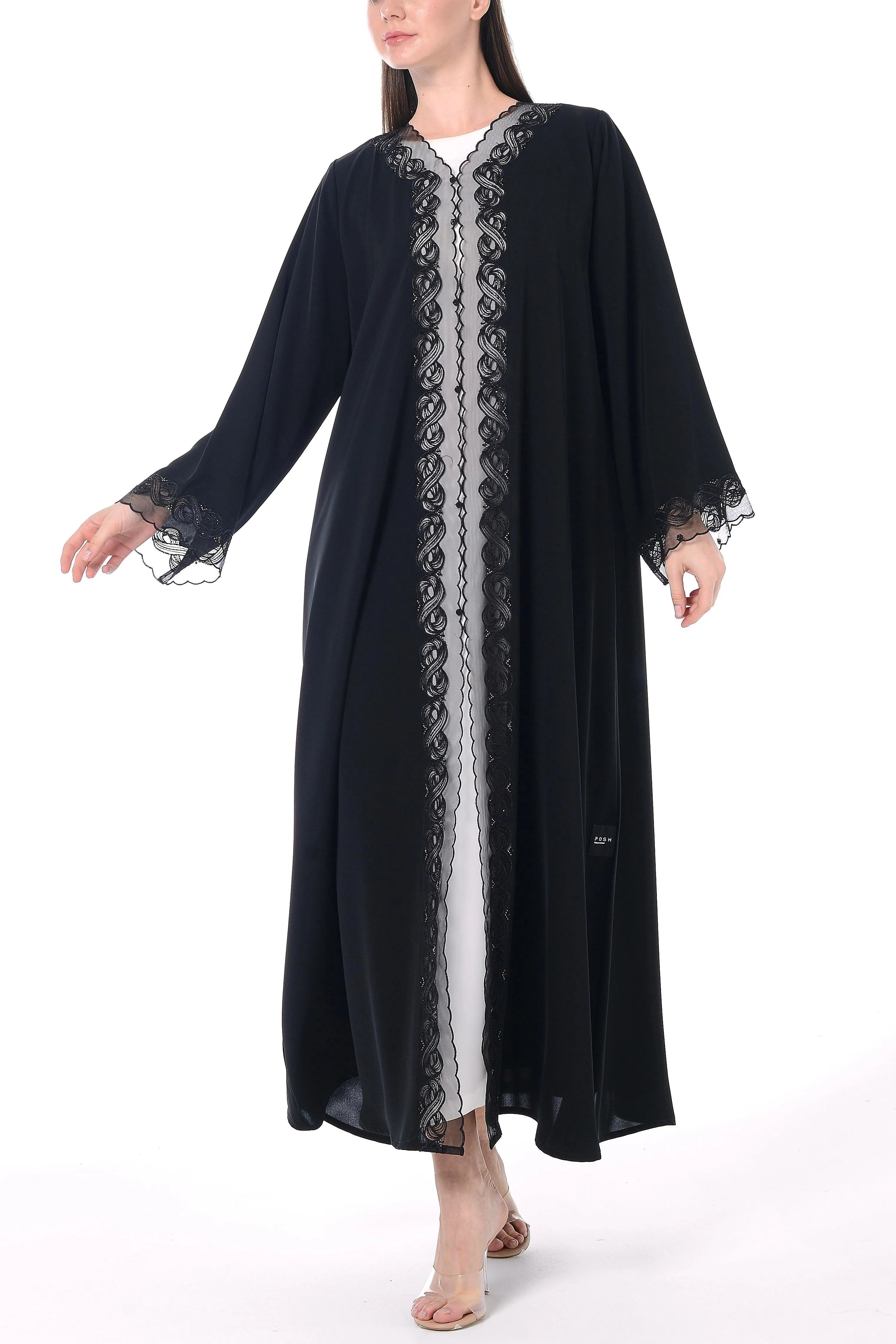 Black Royal Nada Abaya with Tulle and Front Lacework Detail - Posh Abaya