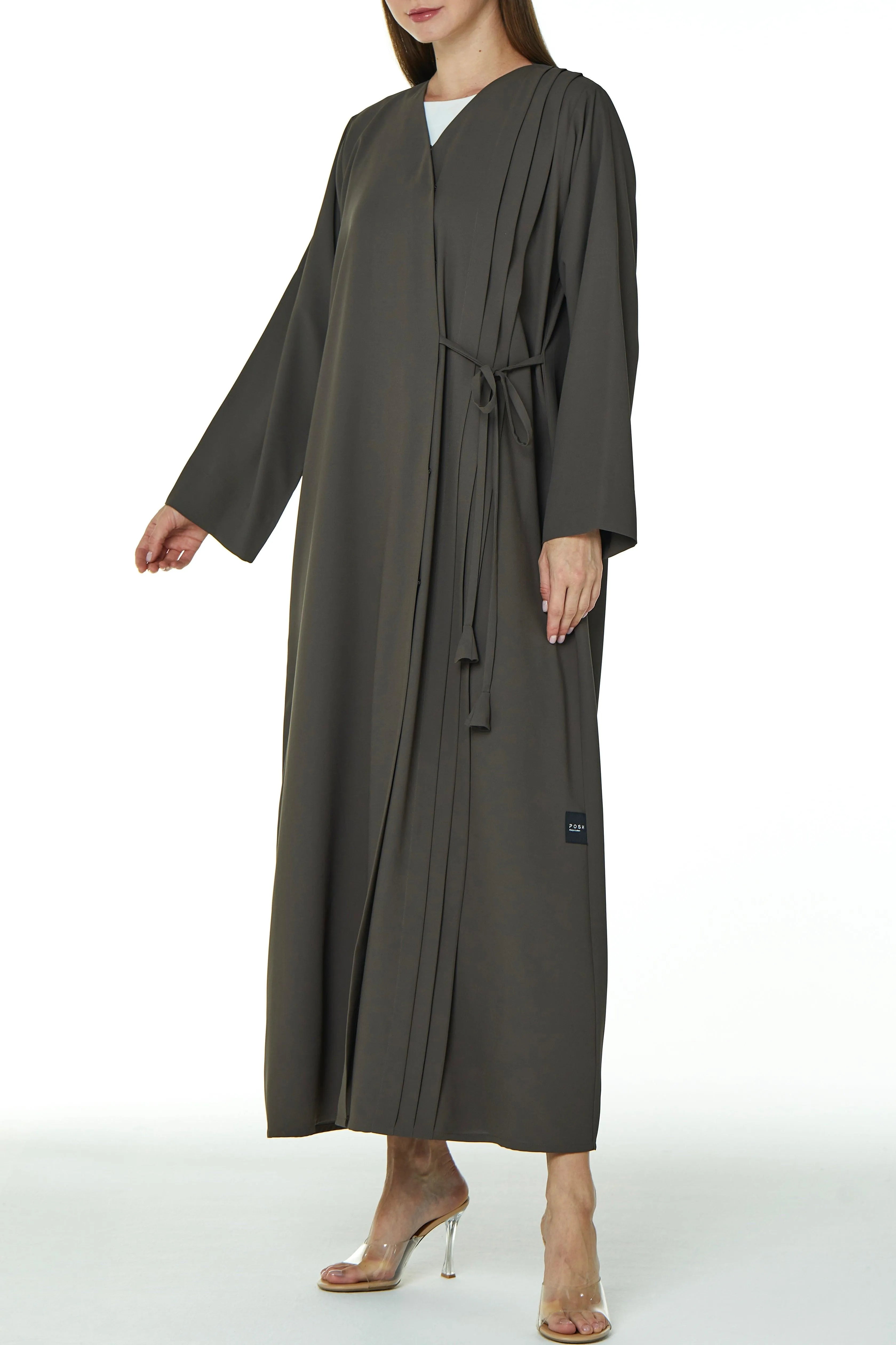 Green Cool Crepe Overlap Abaya with Front Tie-up with Pleats - Posh Abaya
