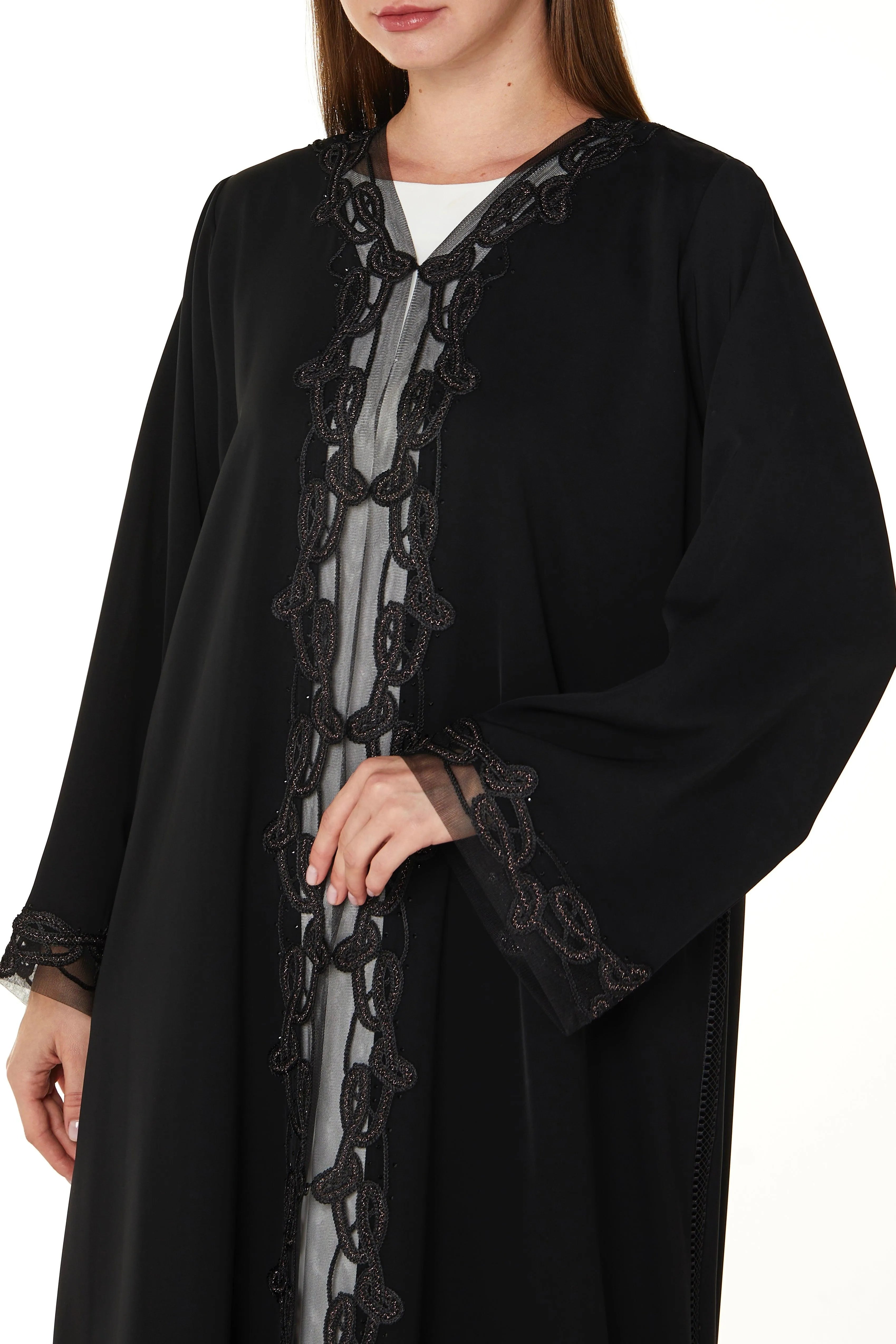 Black Royal Nada Abaya with Tulle and Copper Lacework Detail - Posh Abaya