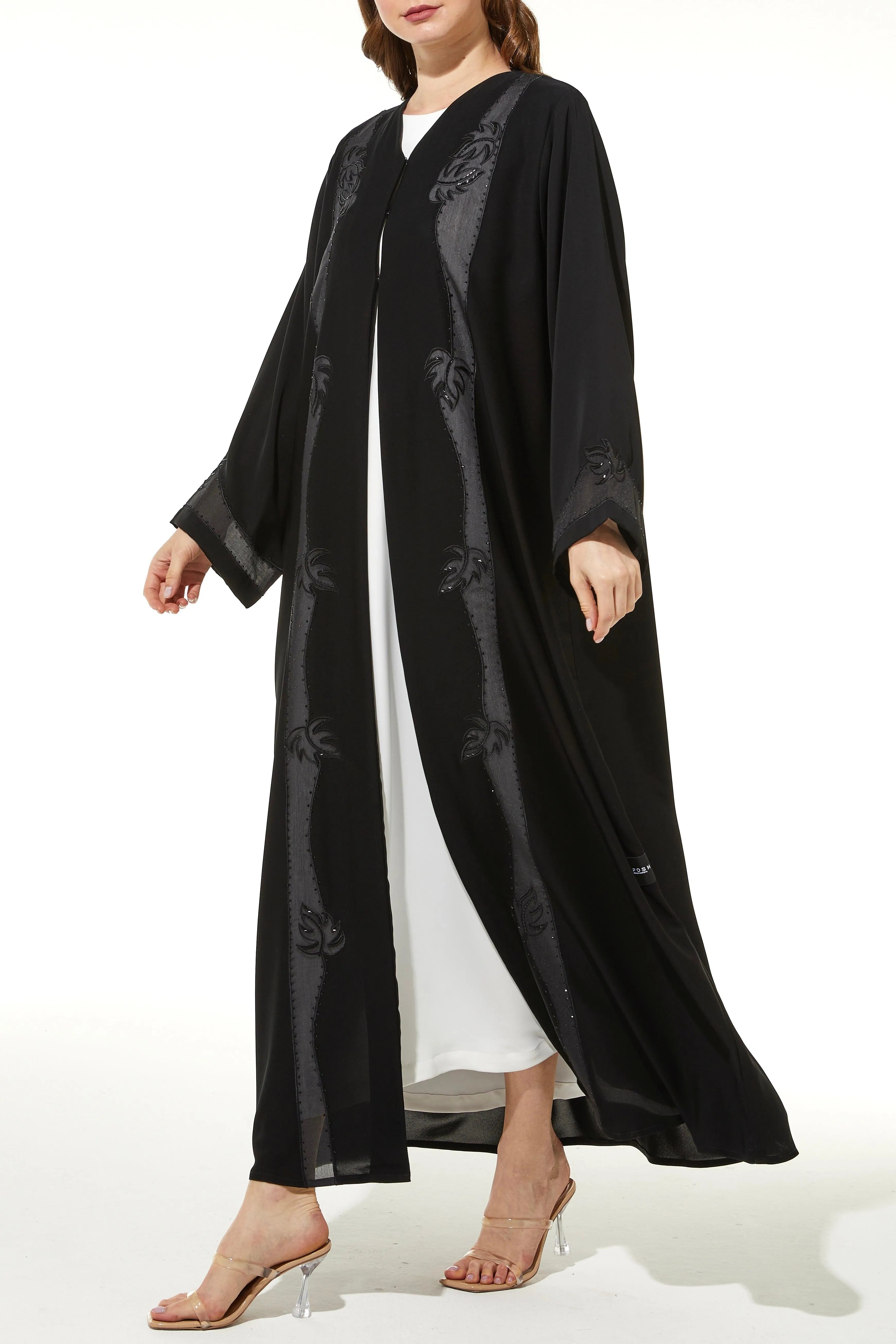 Black Classic Nada Abaya with Front Semi Floral Beadwork - Posh Abaya