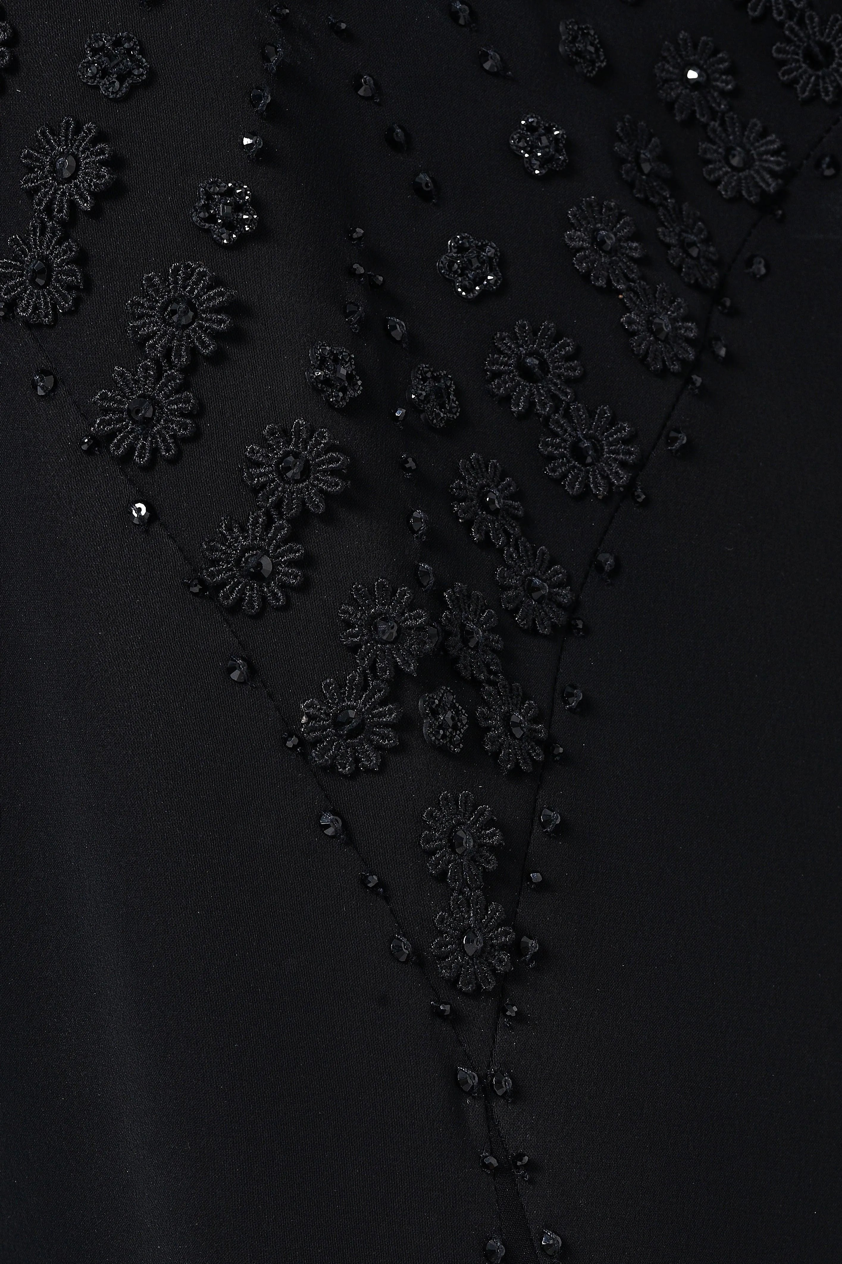 Black Royal Nada Abaya with Front Cut Adorned by Applique Flowers and Beadwork Detail - Posh Abaya