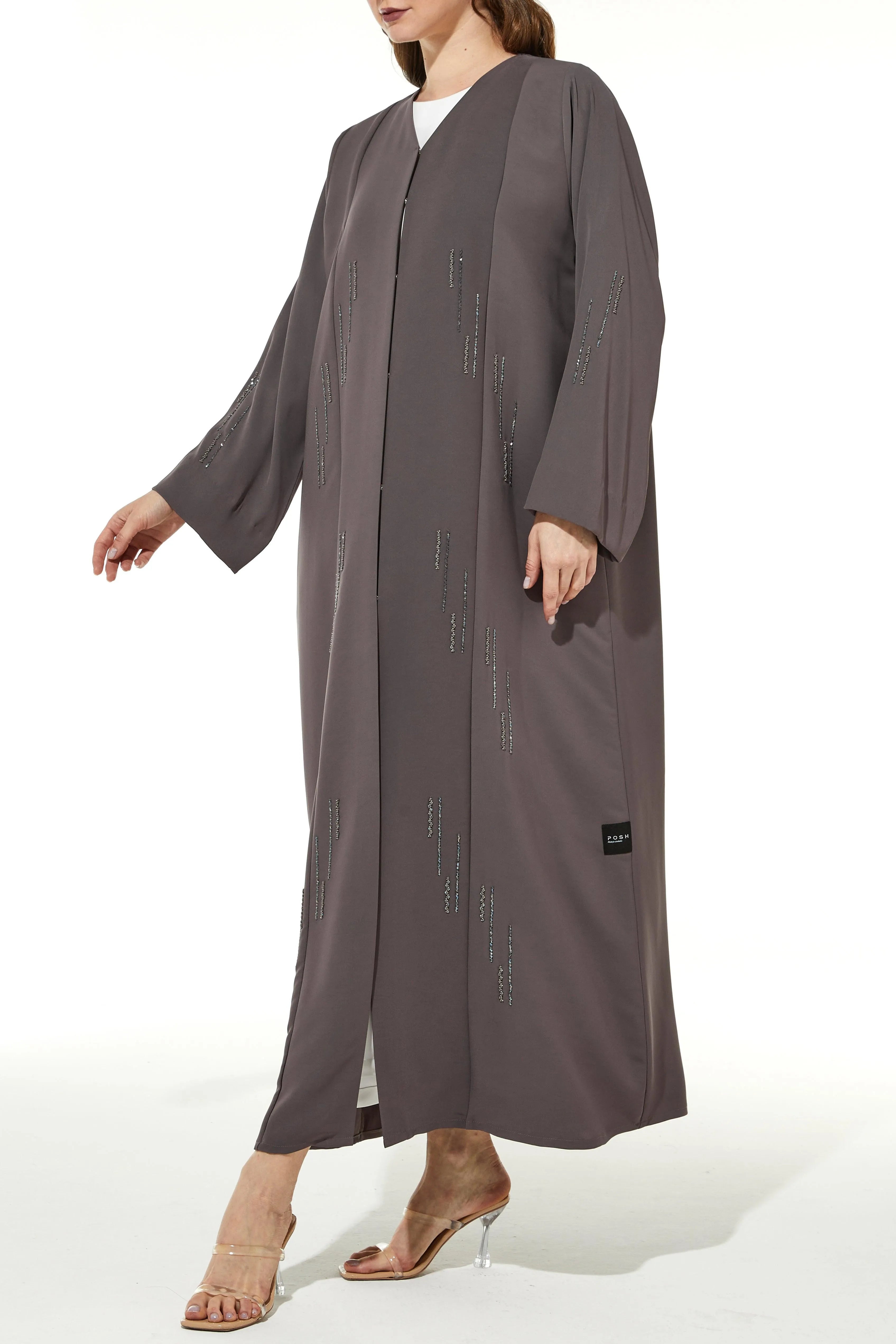 Light Brown Rose Crepe Abaya with Front Linear Beadwork - Posh Abaya