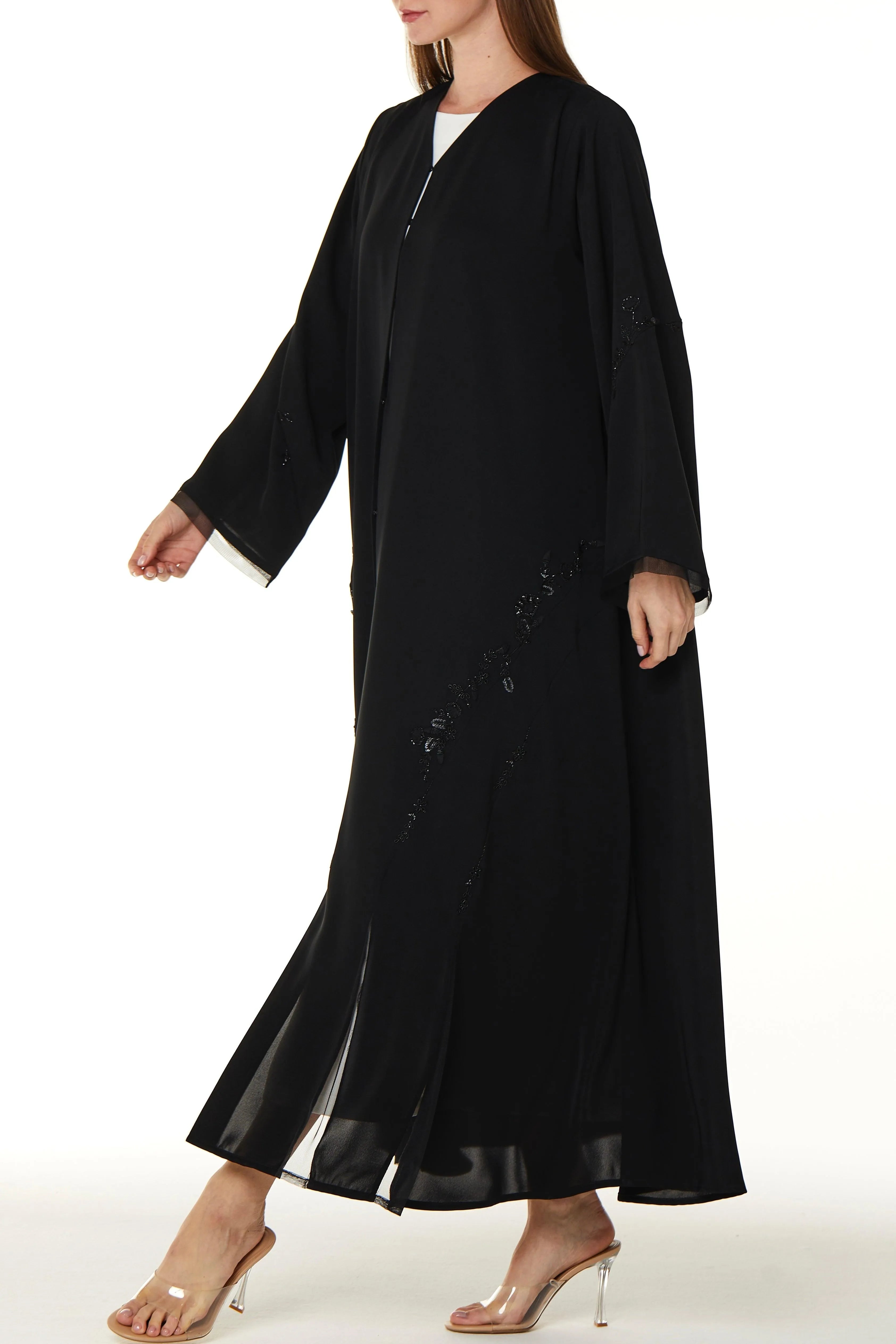 Black Royal Nada Abaya with Curvy Cuts and Floral Beadwork Detail - Posh Abaya