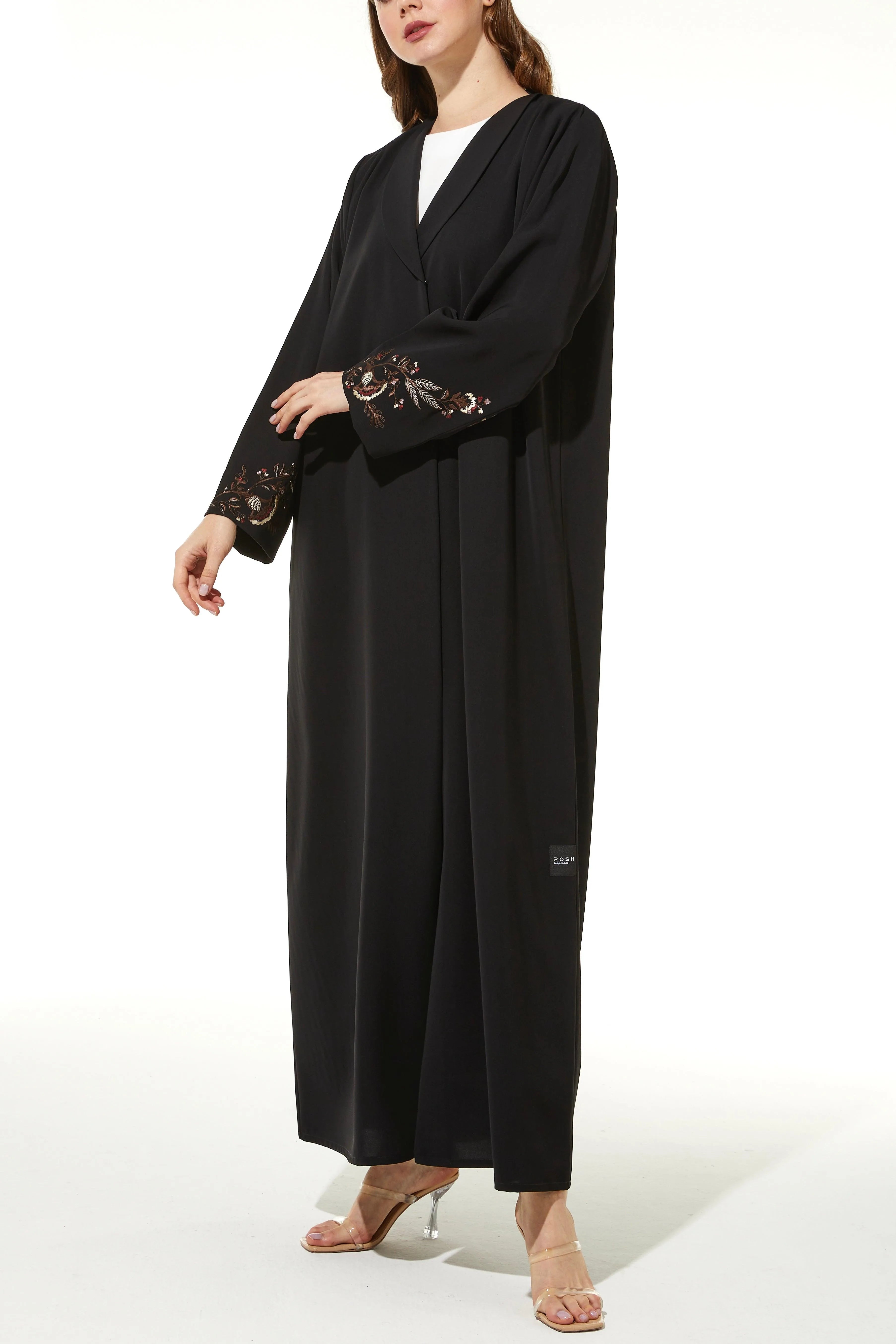 Black Iris Crepe Abaya with Sleeves Floral Embroidery - Posh Abaya
