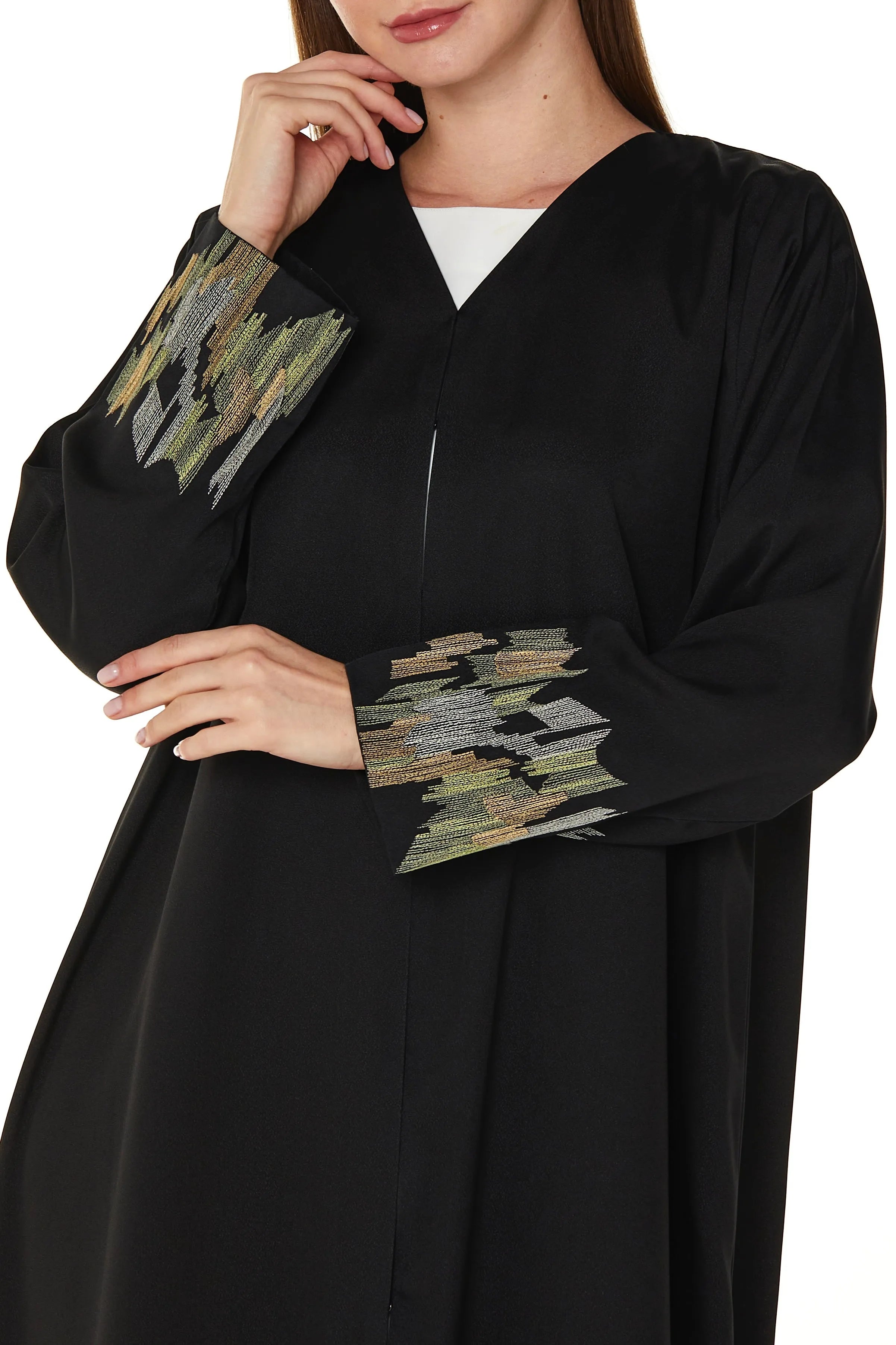 Black Sana Crepe Abaya with Abstract Sleeve Embroidery - Posh Abaya