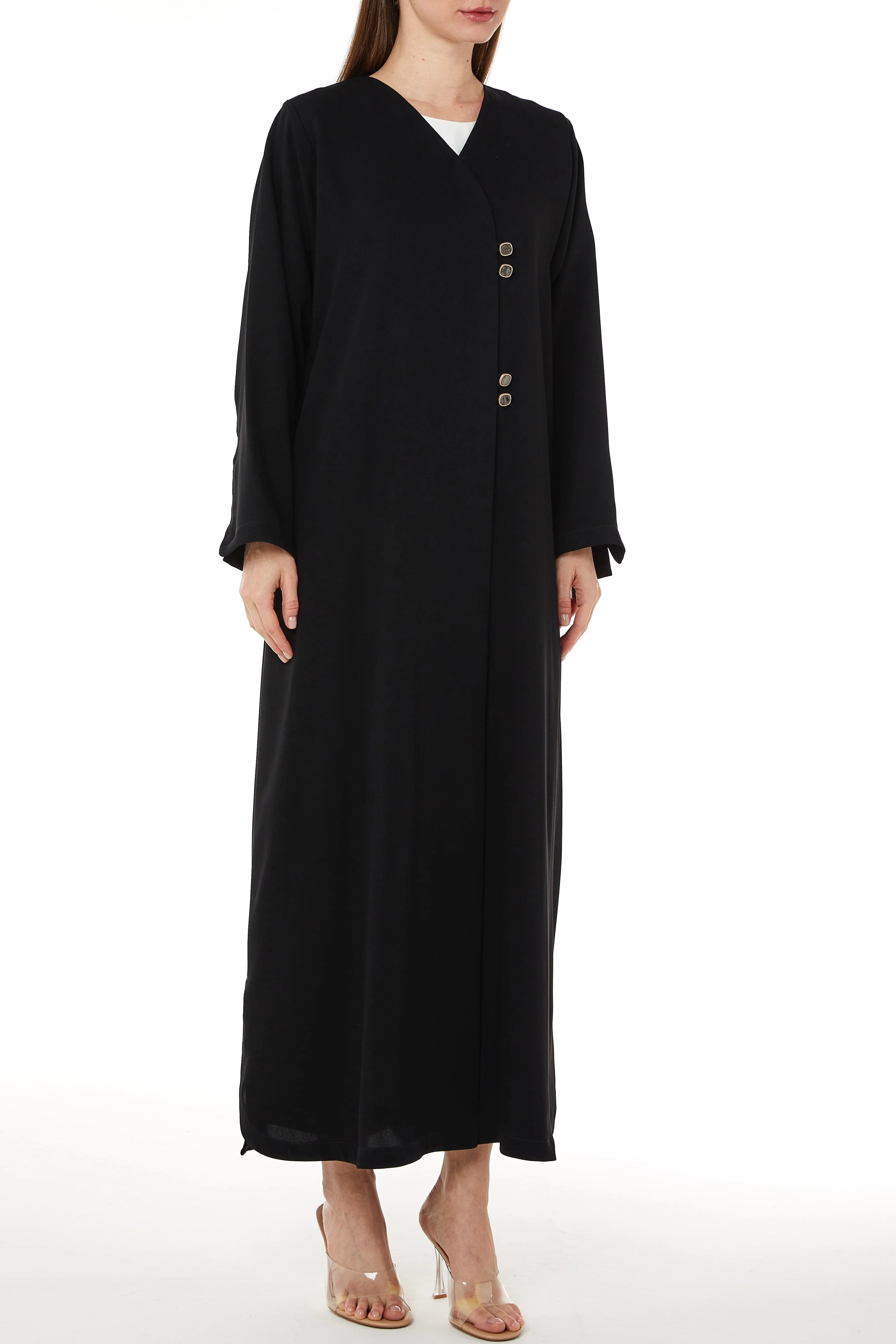 Black Layan Ready Abaya with Buttoned Overlap Fronts - Posh Abaya