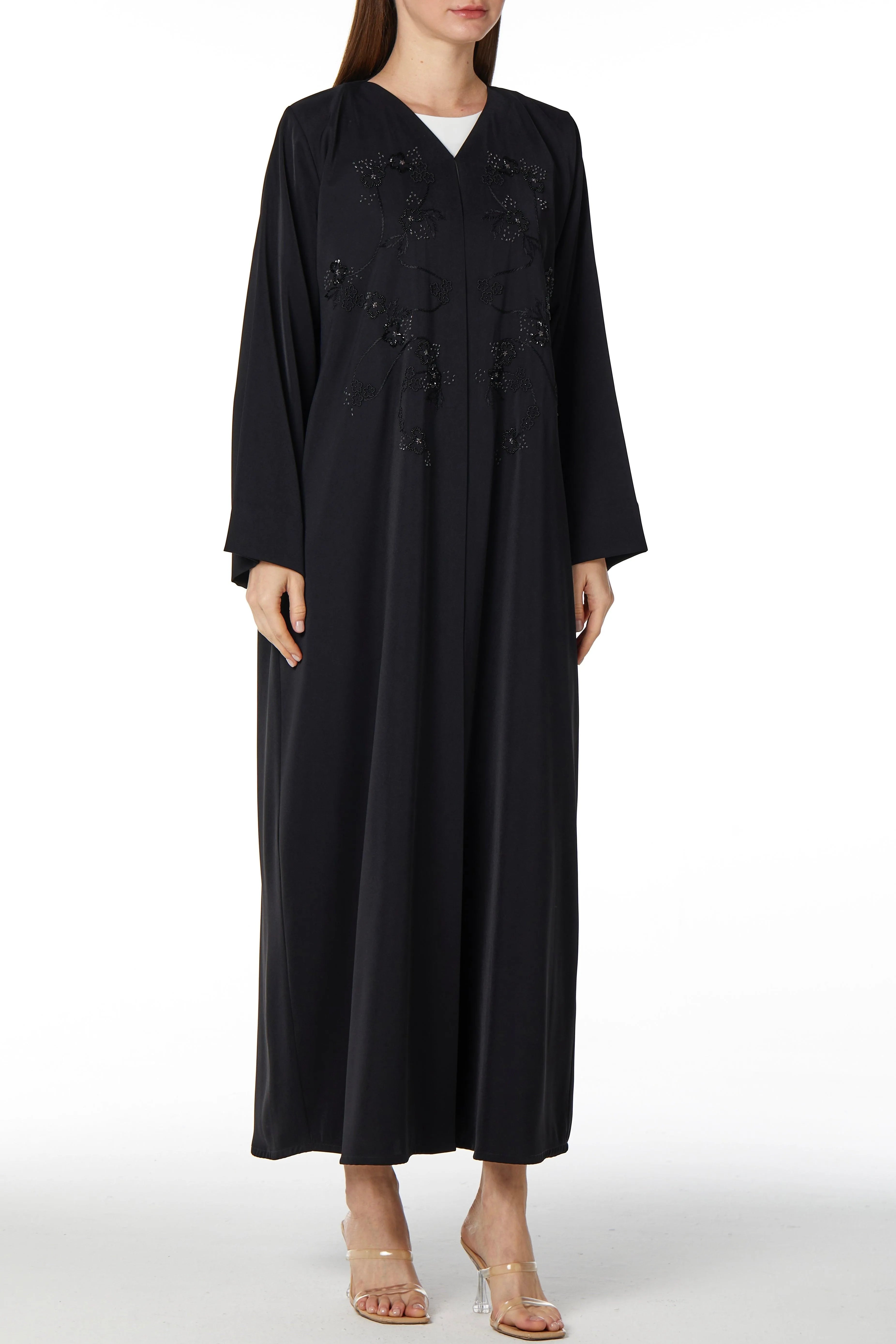 Black Rose Crepe Abaya with Front Atrful Threadwork - Posh Abaya
