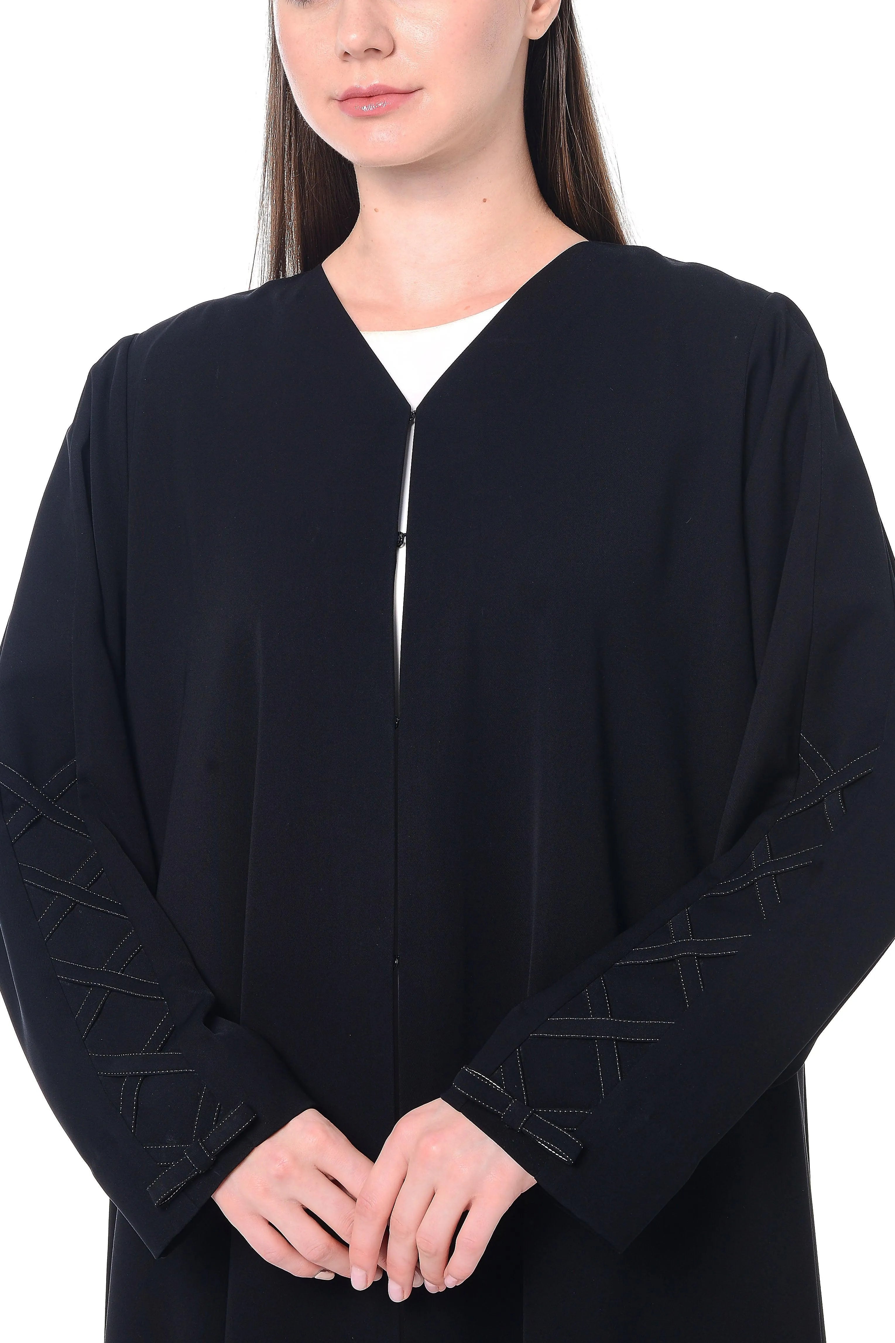 Black Layan Crepe Abaya with Geometric Sleeve Design - Posh Abaya