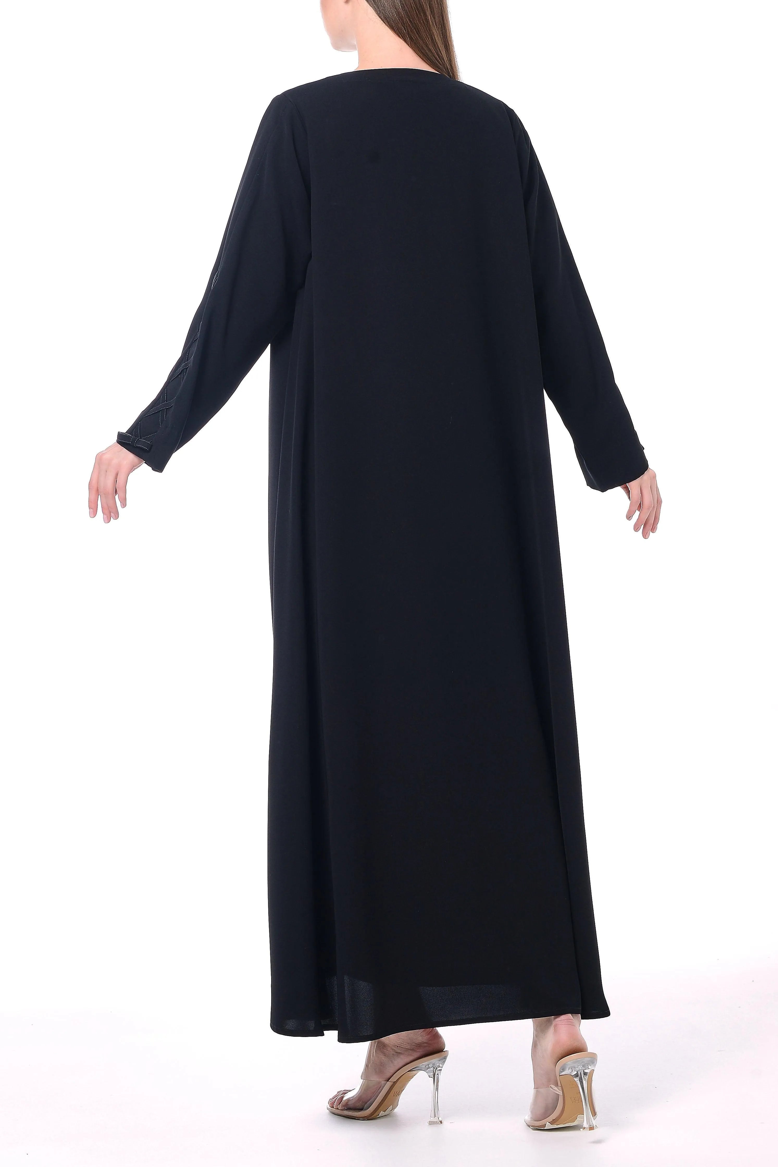 Black Layan Crepe Abaya with Geometric Sleeve Design - Posh Abaya