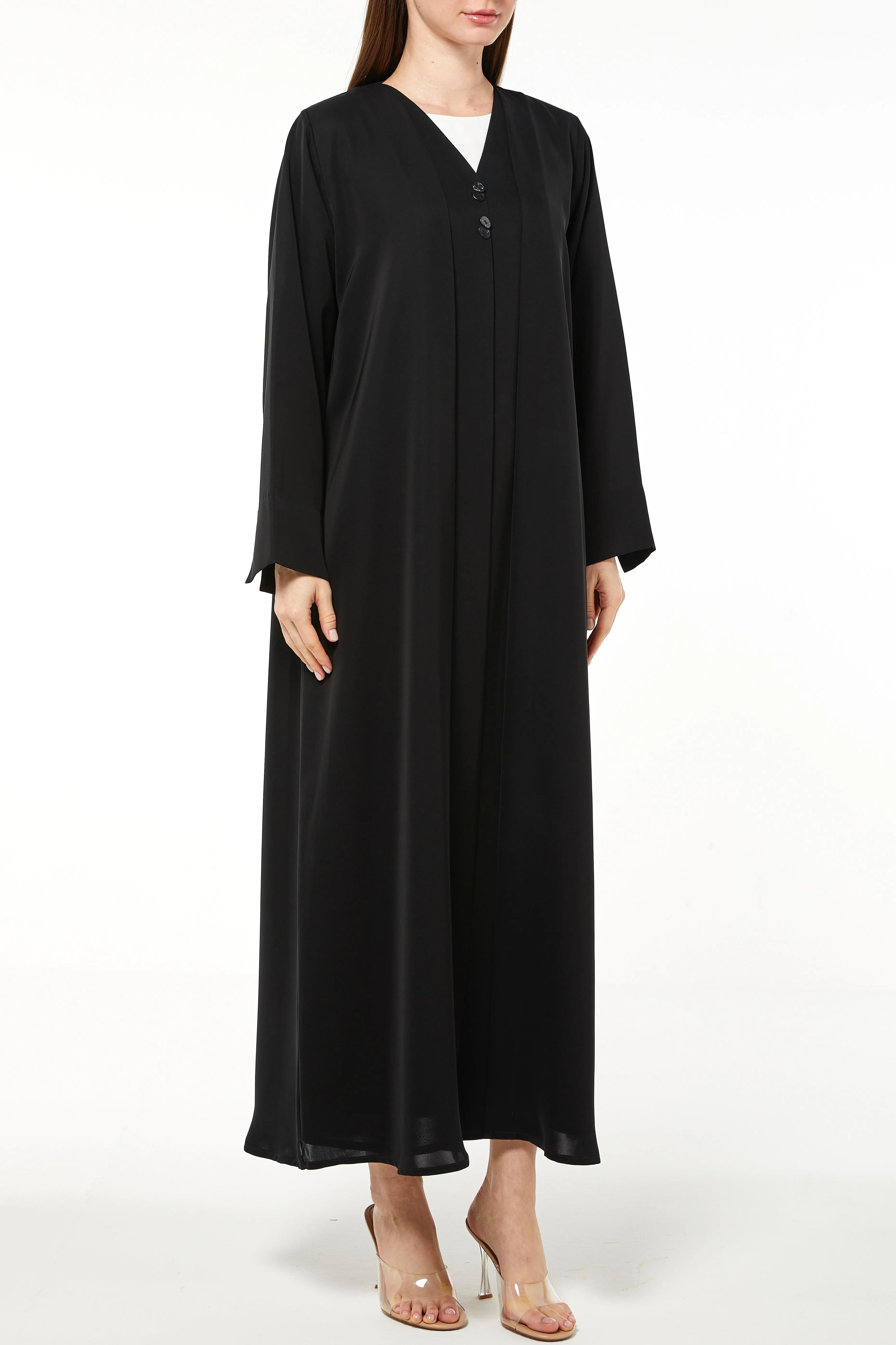 Black Mario Crepe Abaya with Front Overlap and Buttons - Posh Abaya