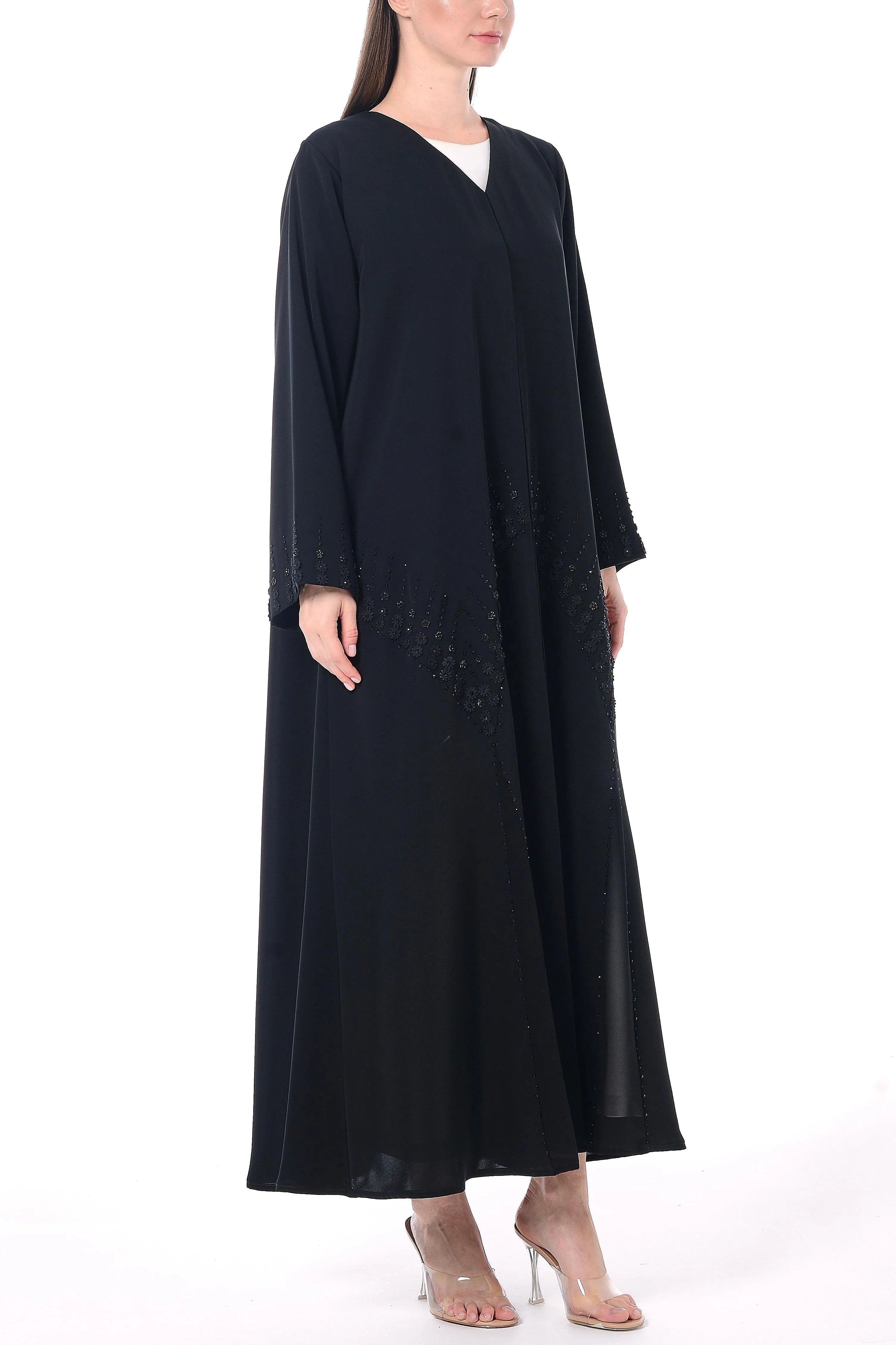 Black Royal Nada Abaya with Front Cut Adorned by Applique Flowers and Beadwork Detail - Posh Abaya