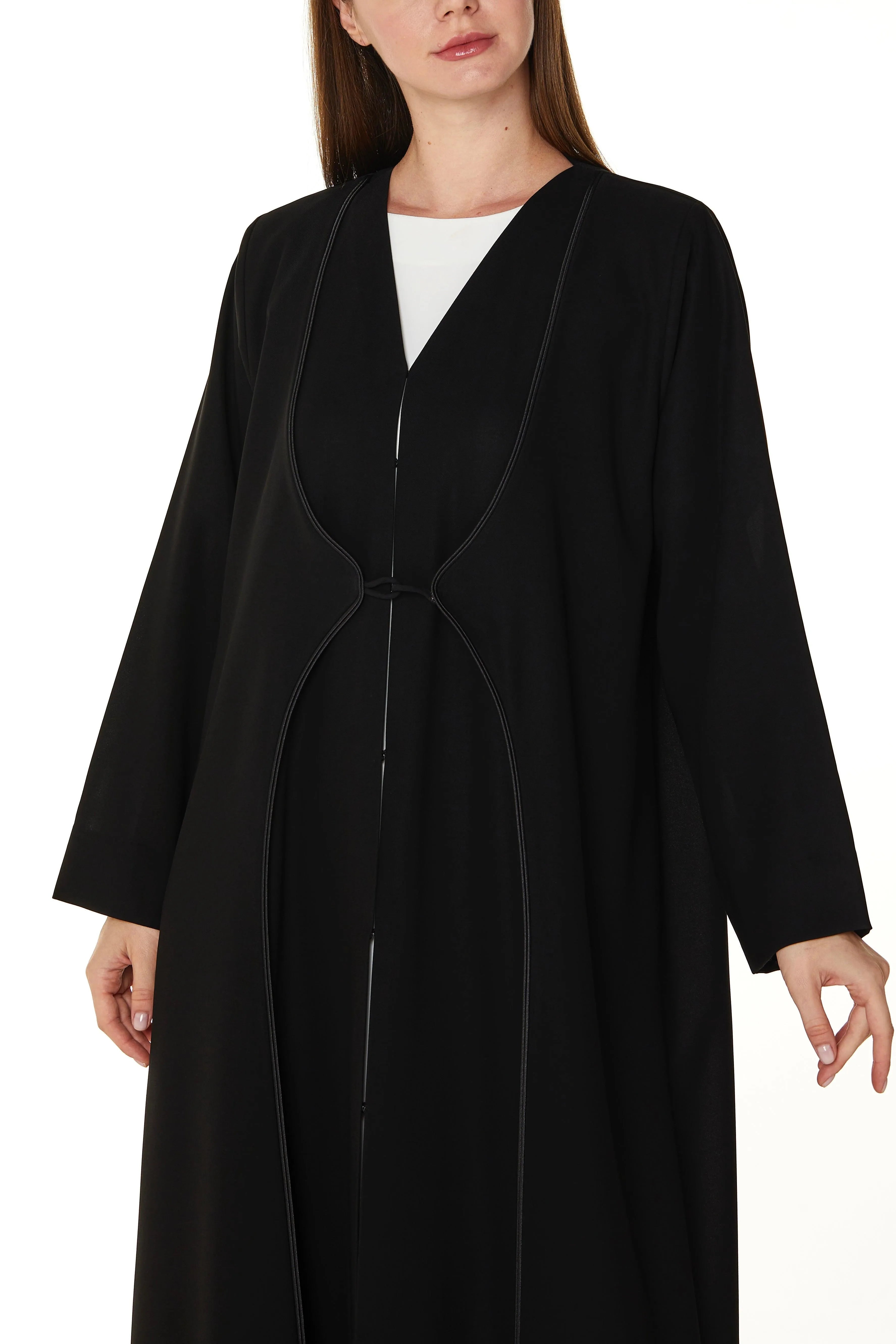 Black Nova Crepe Abaya with Front Loop Panel Details - Posh Abaya