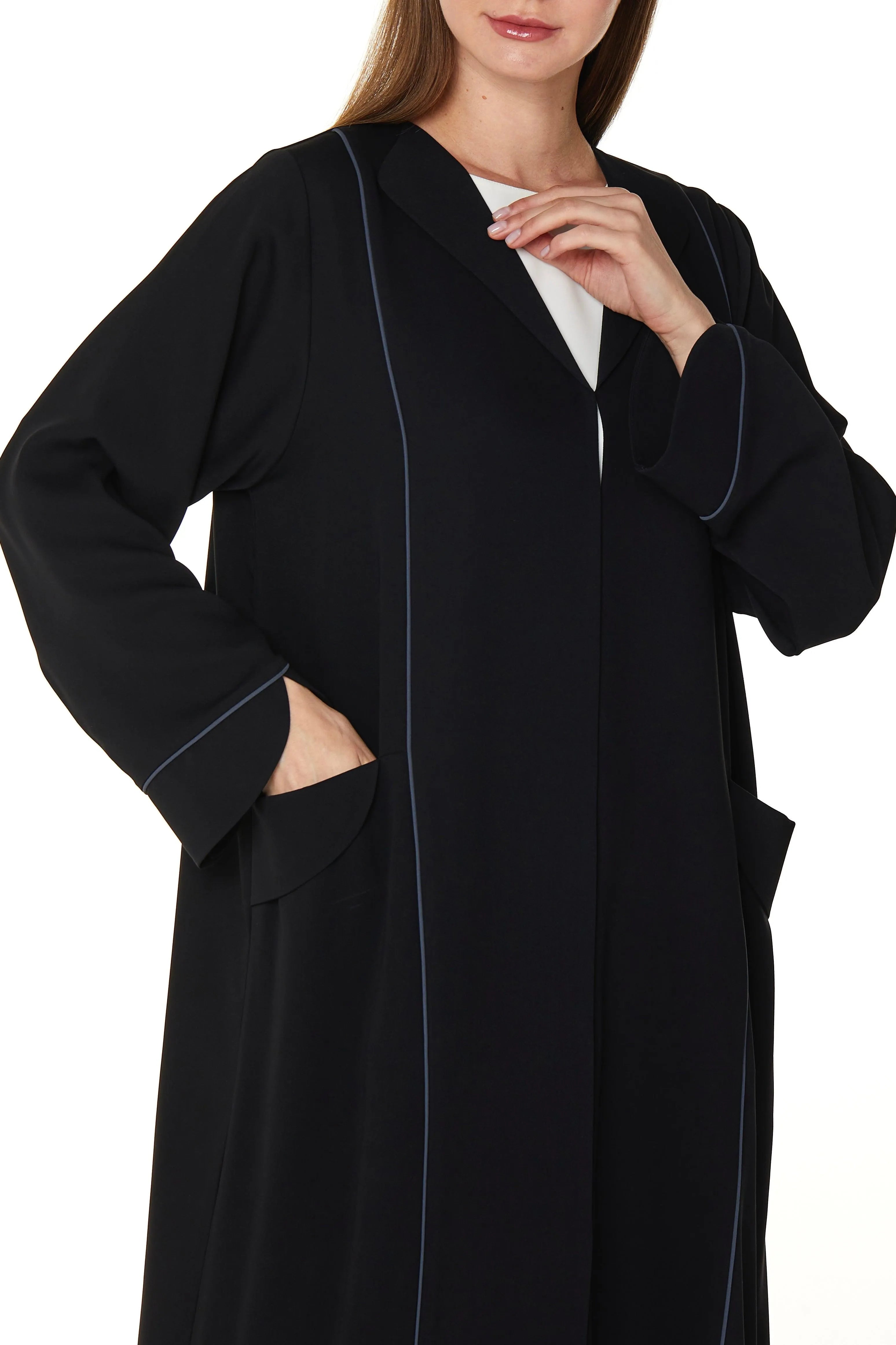 Black Layan Crepe Abaya with Collar and Piping Detail - Posh Abaya
