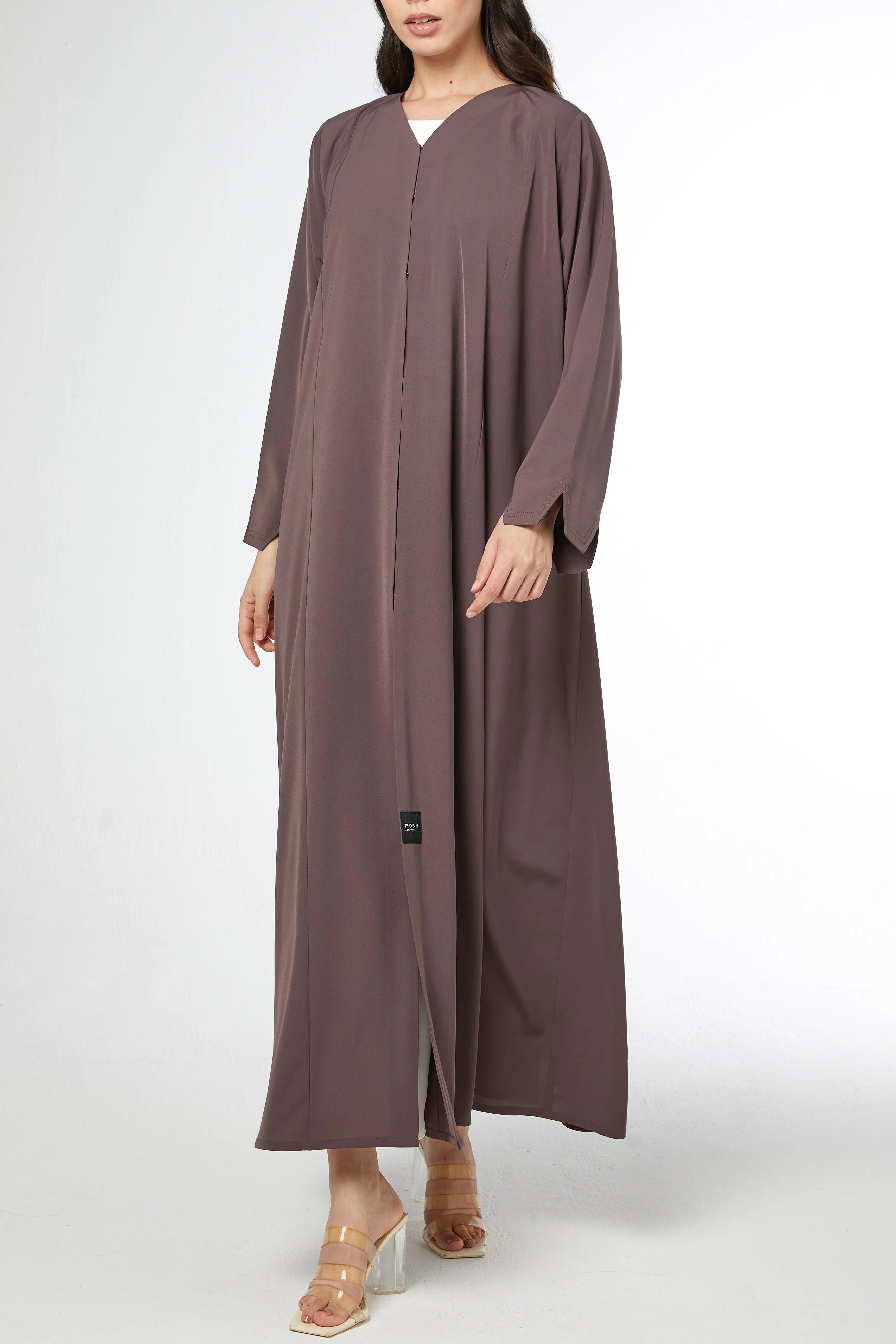 Brown Tiana Crepe Abaya with Front and Sleeve Cuts - Posh Abaya