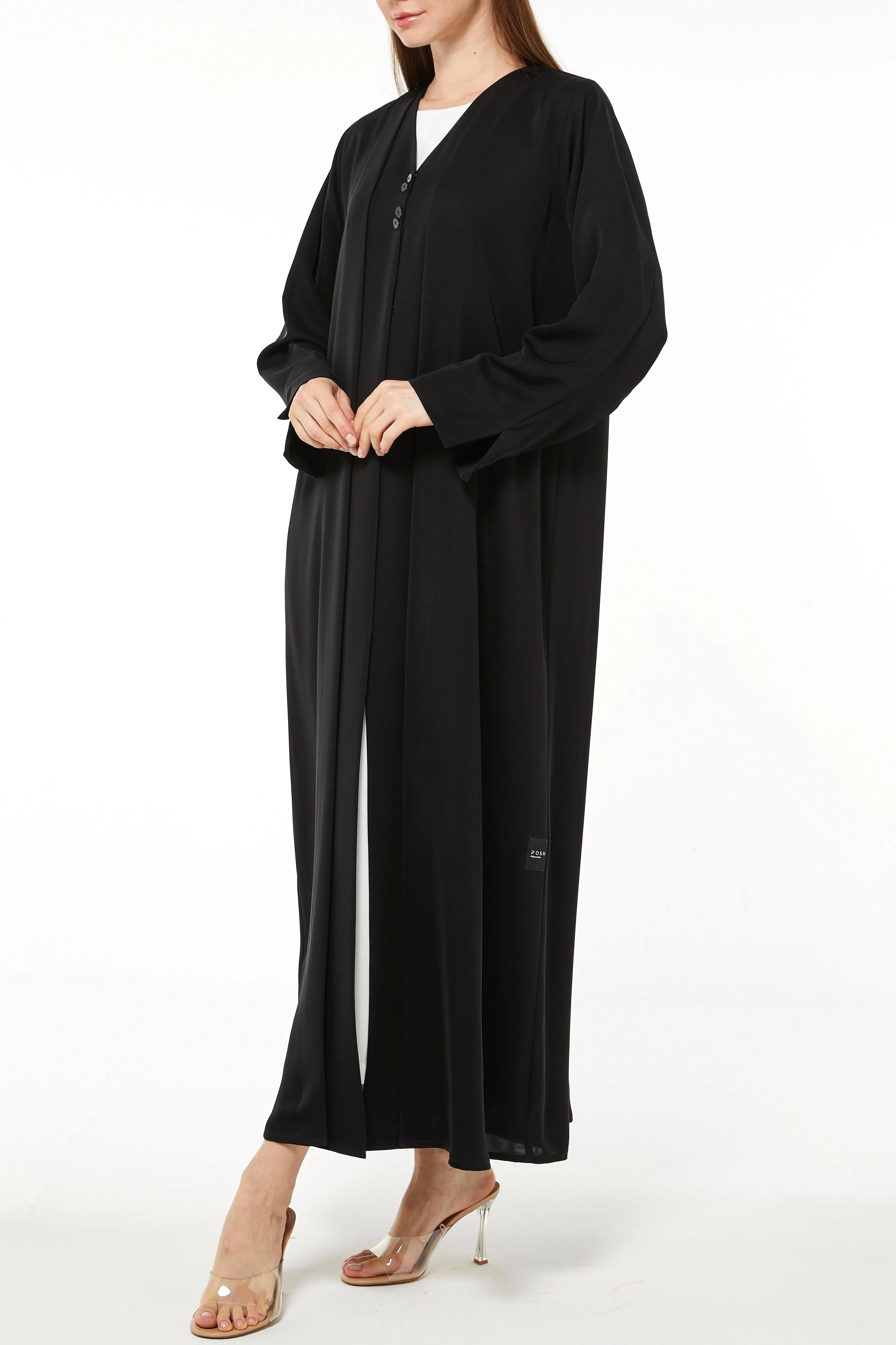 Black Mario Crepe Abaya with Front Overlap and Buttons - Posh Abaya