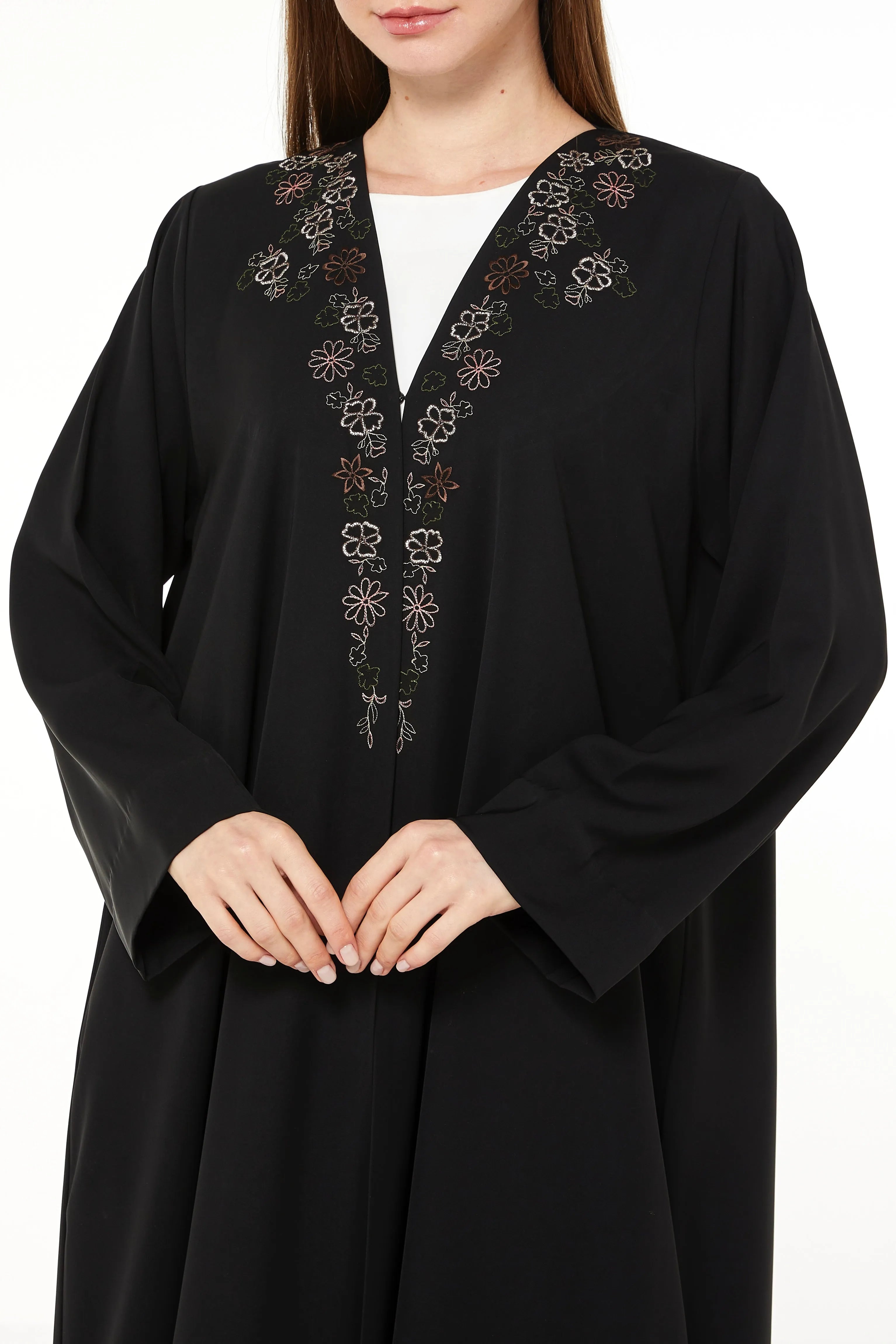 Black Aria Crepe Bisht Abaya with Front Floral Embroidery - Posh Abaya