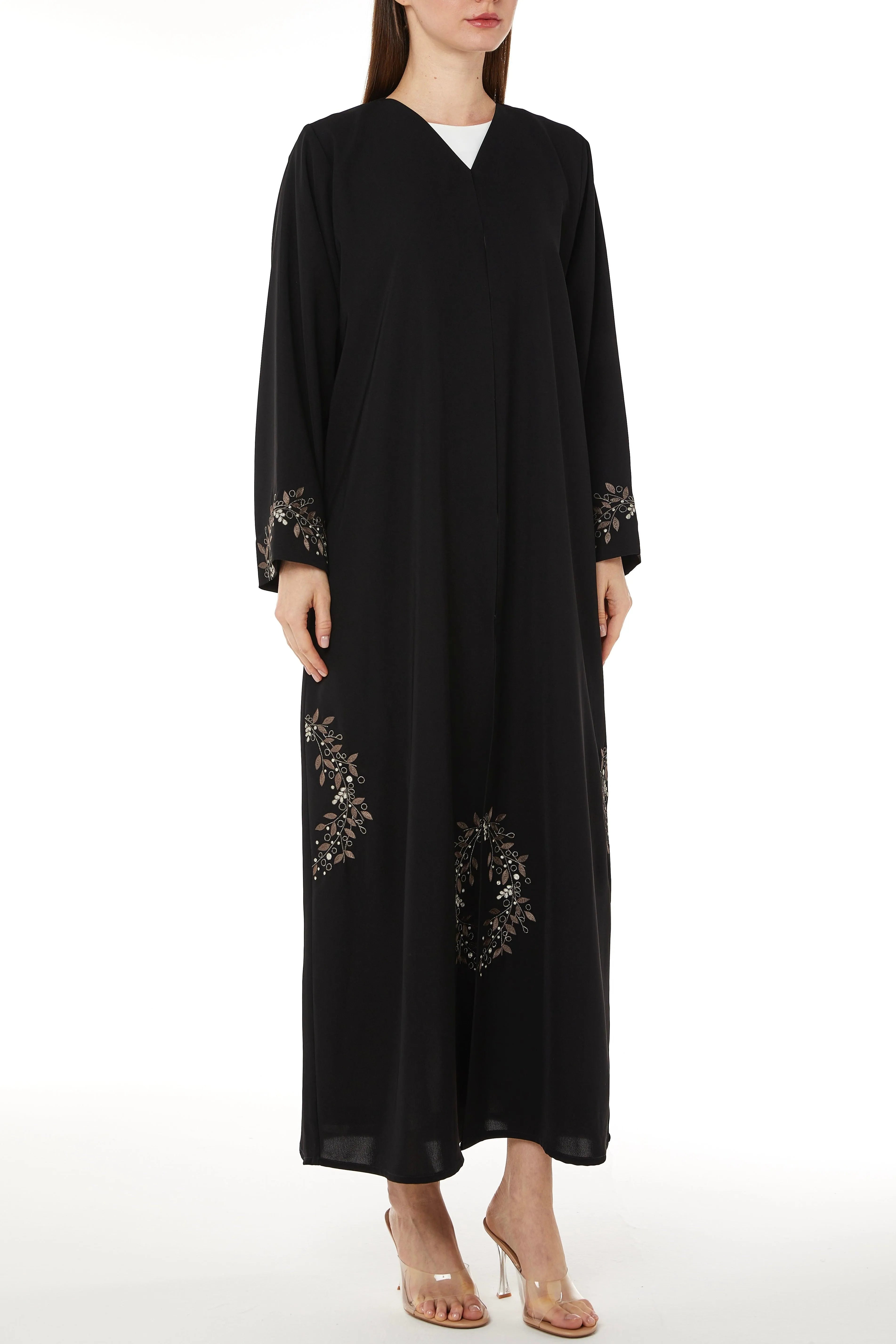 Black Tokyo Crepe with Floral Embroidery - Posh Abaya