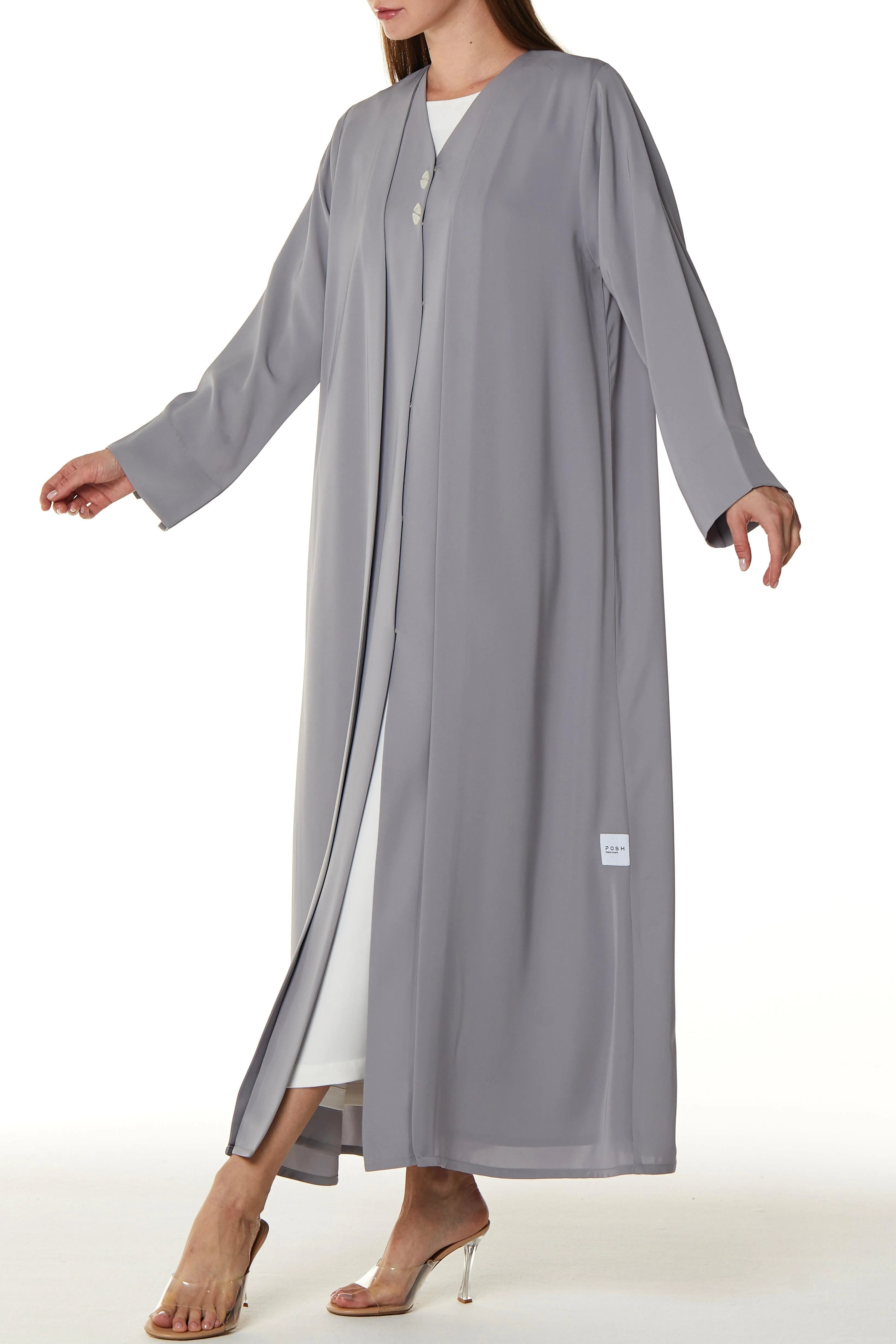 Grey Mario Crepe Abaya with Front Overlap and Buttons - Posh Abaya