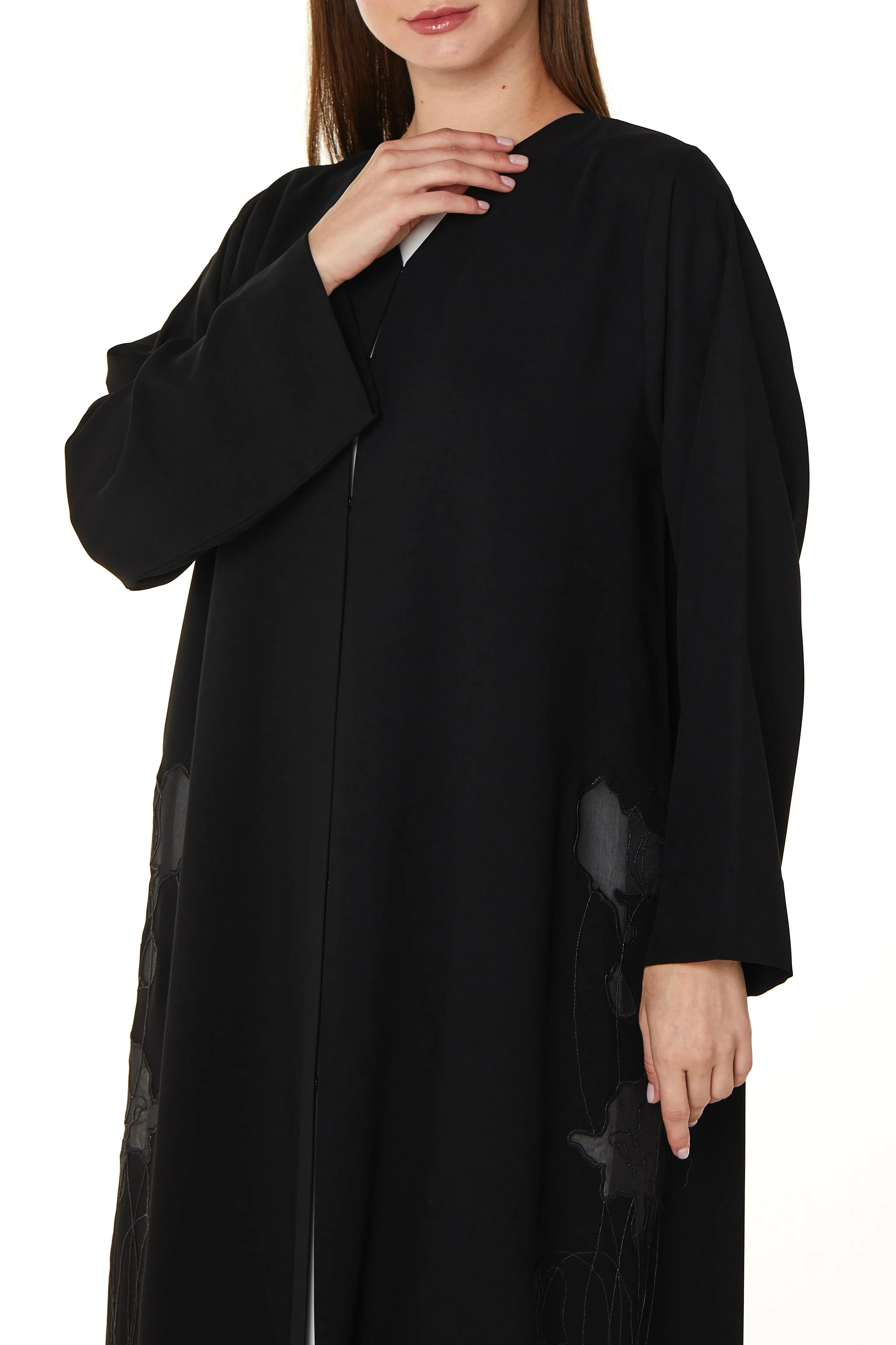 Black Aria Crepe Abaya with Floral Embroidery - Posh Abaya